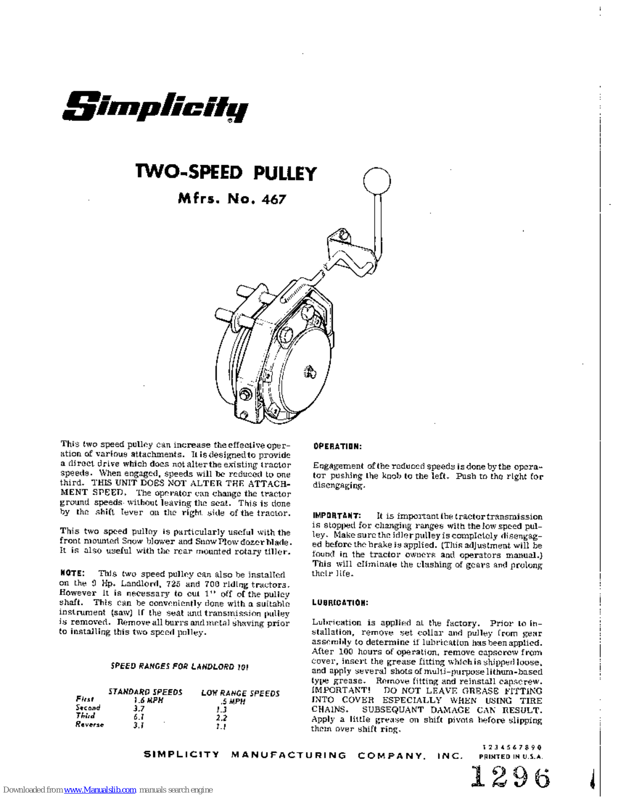 Simplicity 167, 467 Operator's Manual