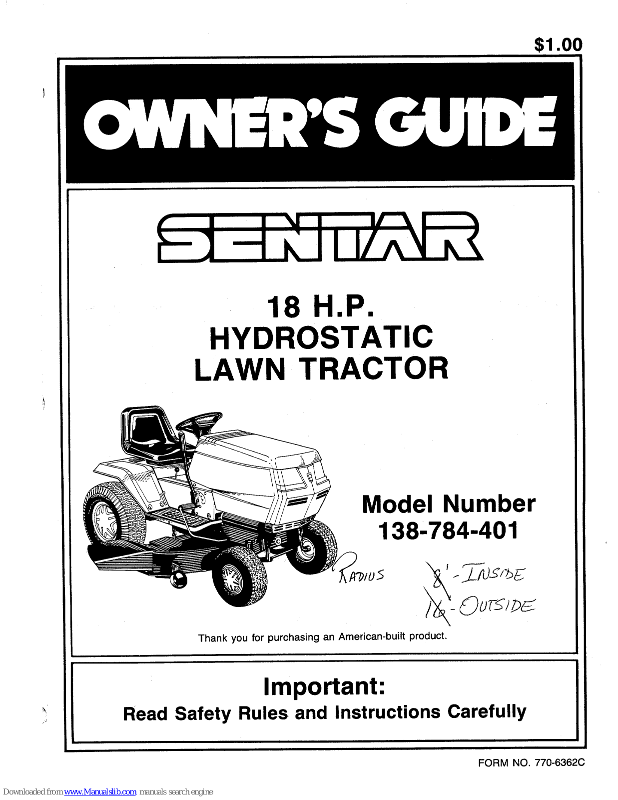 Sentar/MTD products 138-784-401, 784 Owner's Manual