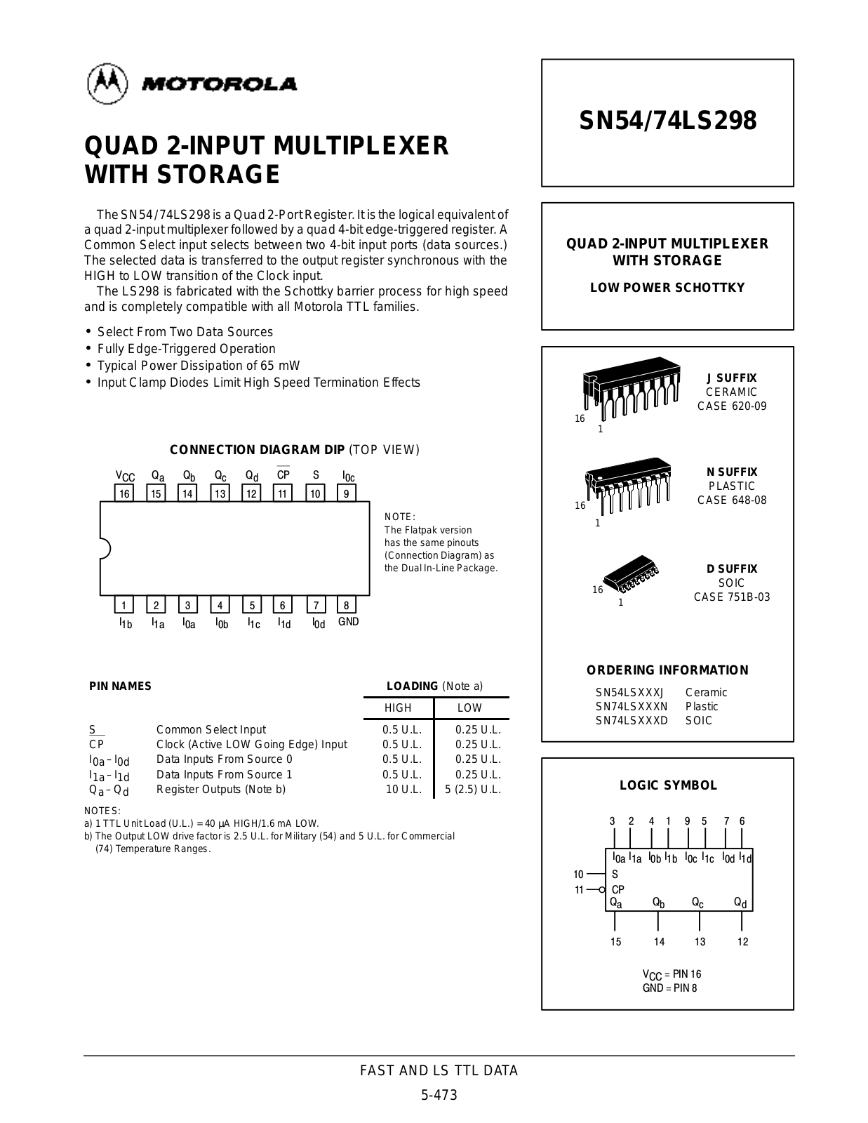 Motorola SN54LS298J, SN74LS298D, SN74LS298N Datasheet