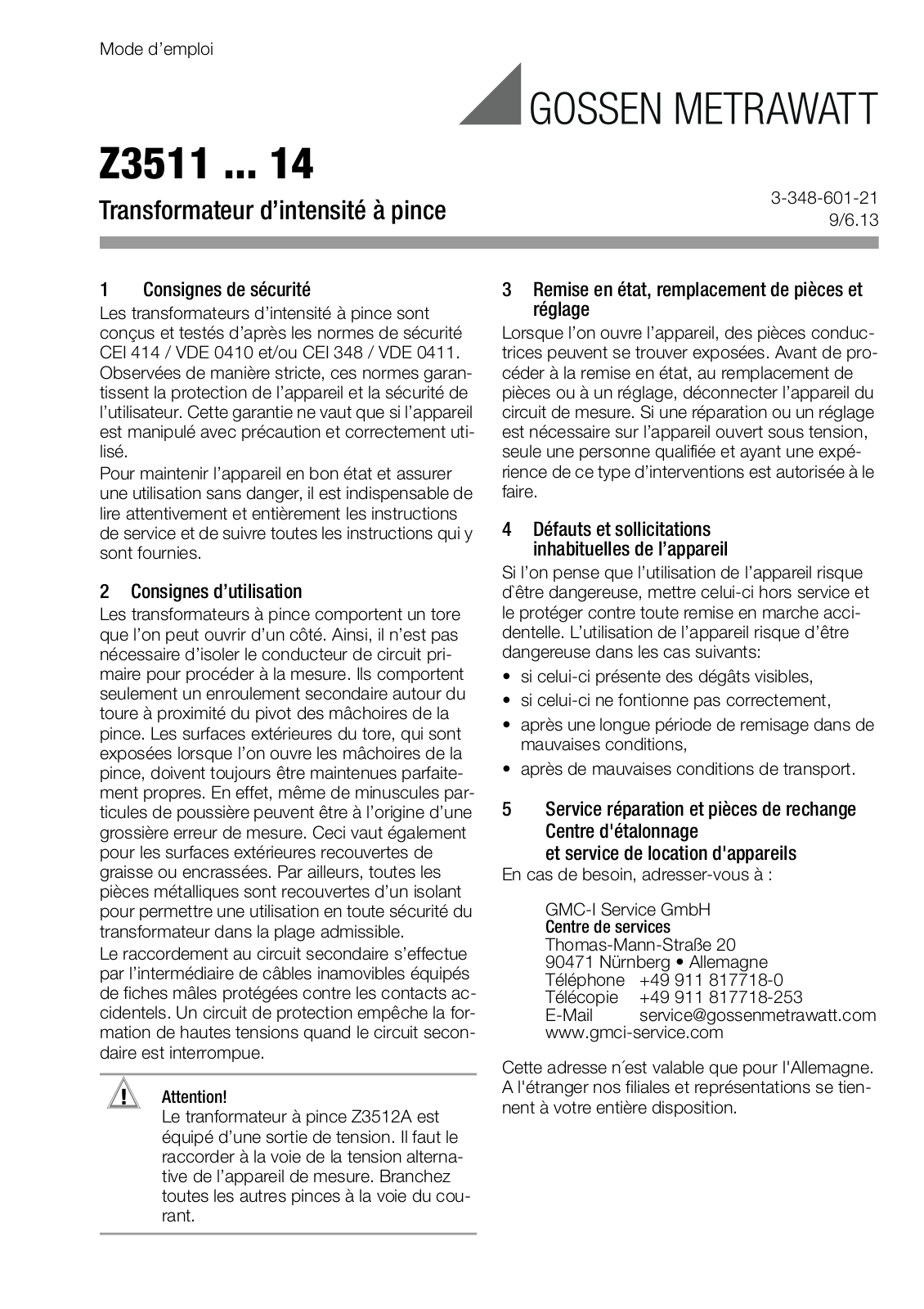 Gossen Metrawatt Z3511 Operating Instructions