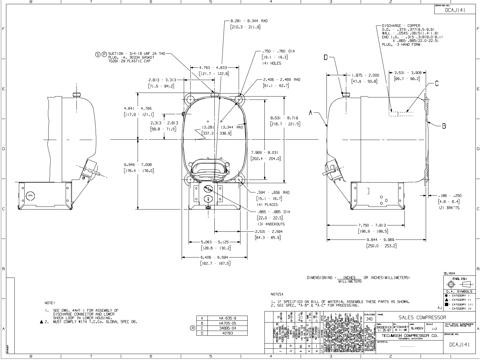 Tecumseh AJA2416AXA, AJA4461AXA, AJA4461AXD, AJB4461AXA, AJB4461AXC Drawing Data