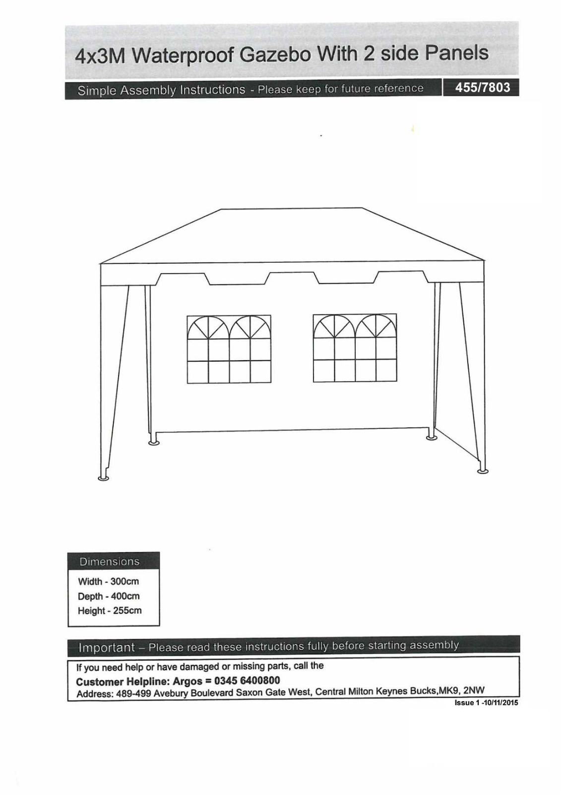 Argos 4x3m waterproof gazebo with 2 side panels ASSEMBLY INSTRUCTIONS