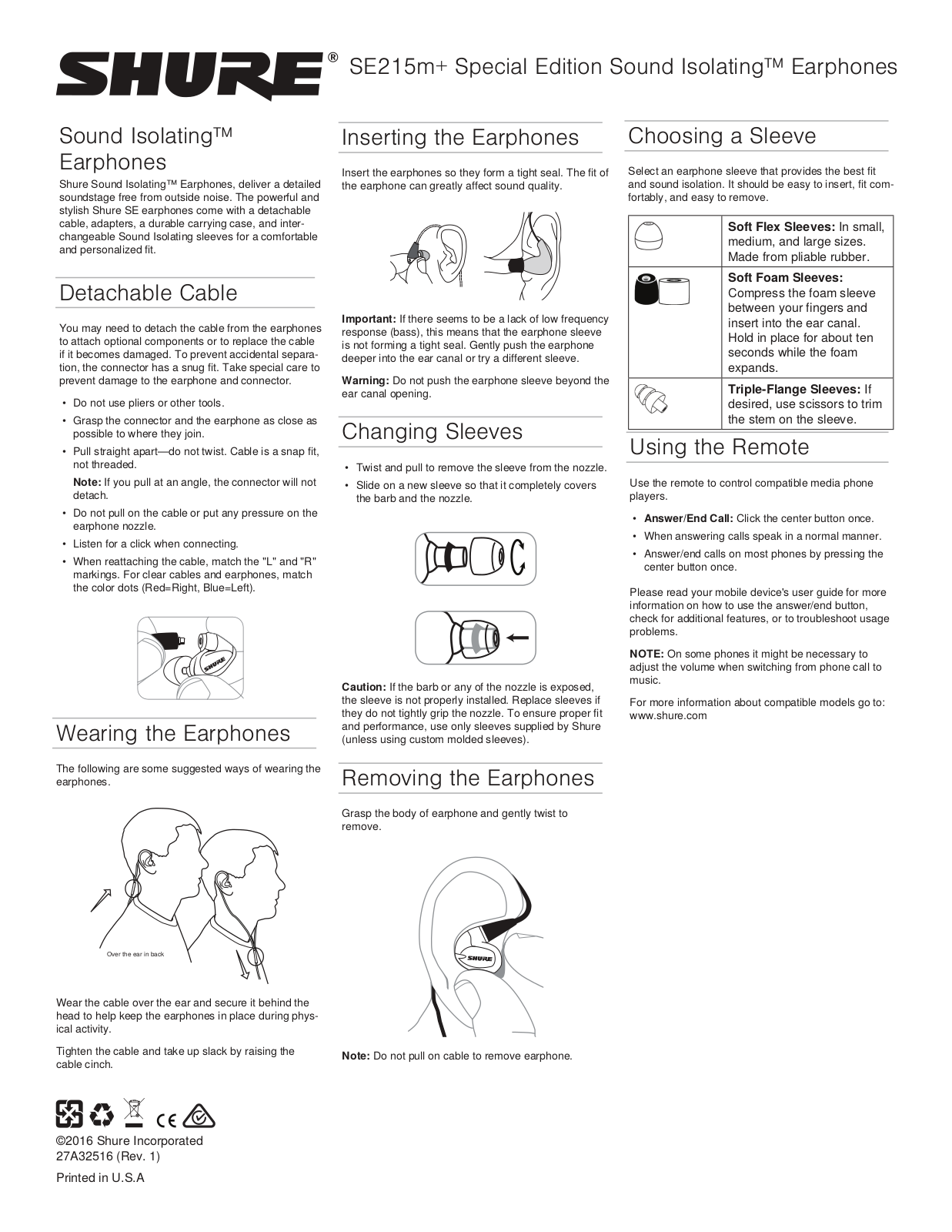 Shure SE215m+ Special Edition Sound Isolating User Manual