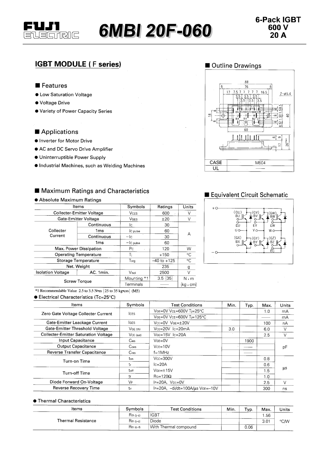 Fuji Electric 6MBI20F-060 Data Sheet