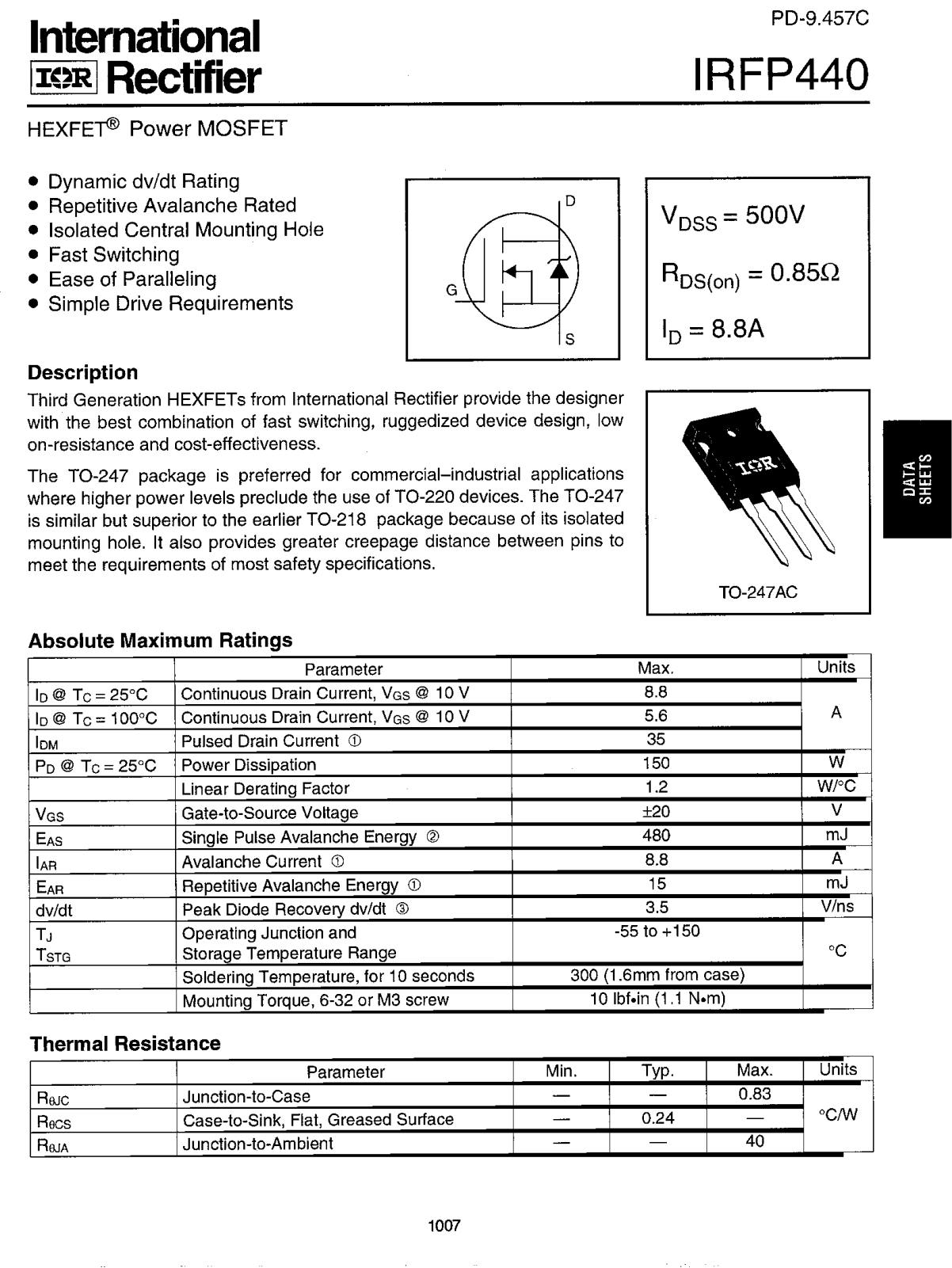 International Rectifier IRFP440 Datasheet