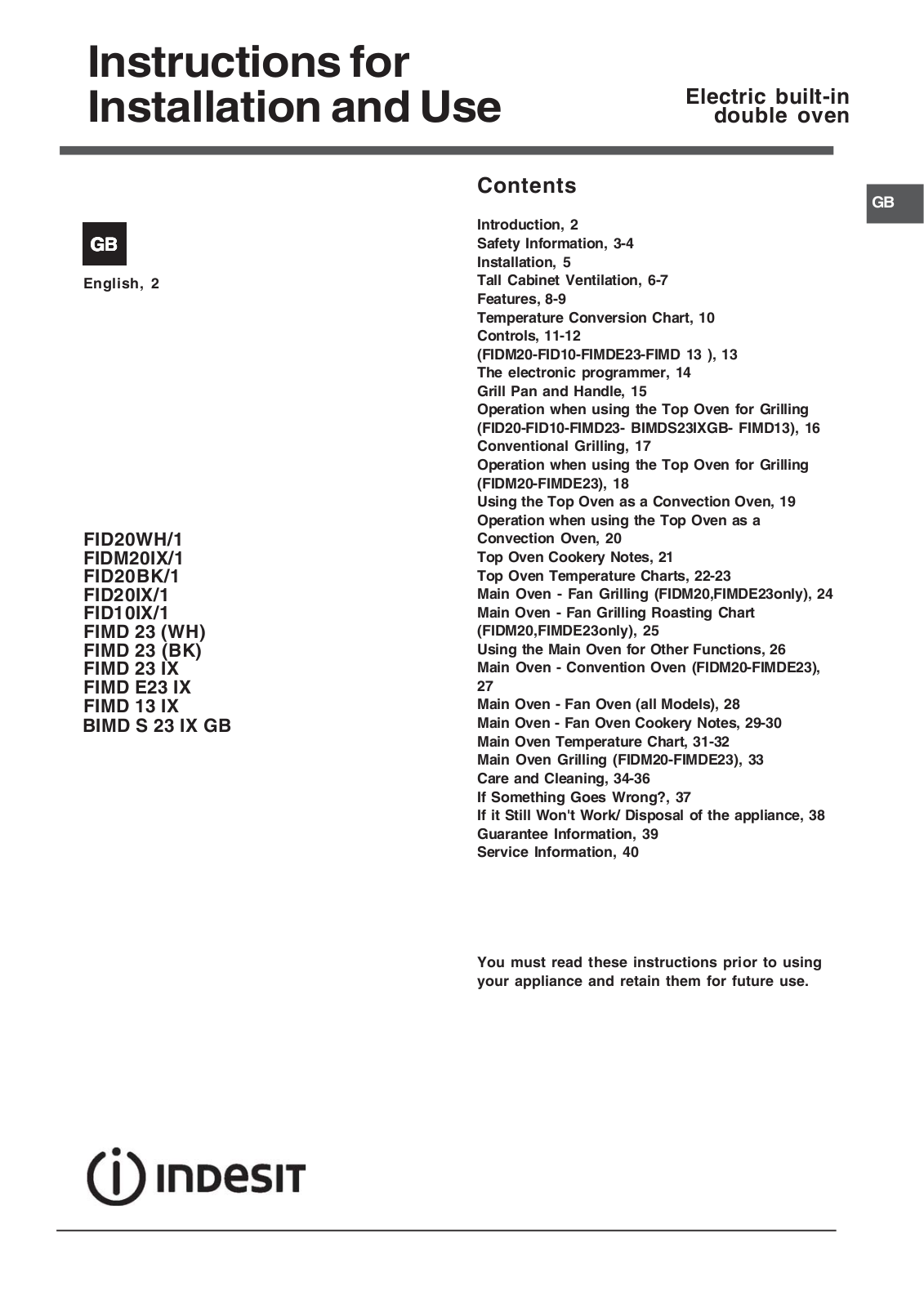 Indesit BIMDS23IXGB User Manual