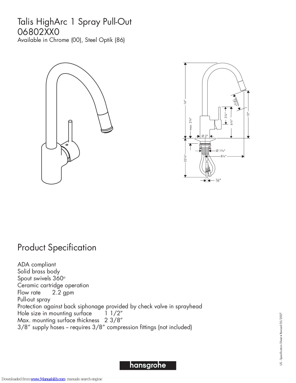 Hansgrohe 06802000, 06802860 Specification Sheet