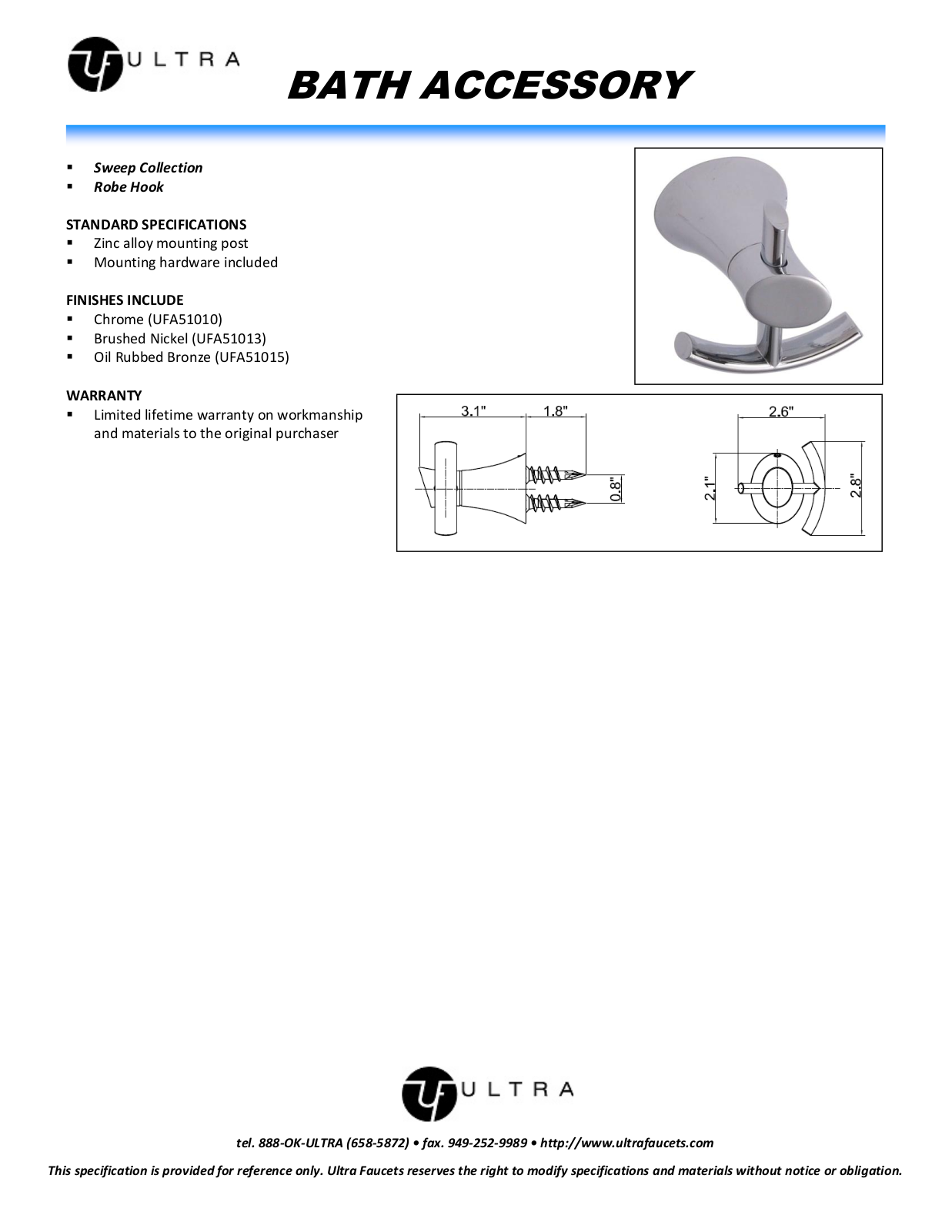 Ultra Faucets LTR10124 Specifications - ManualMachine.com