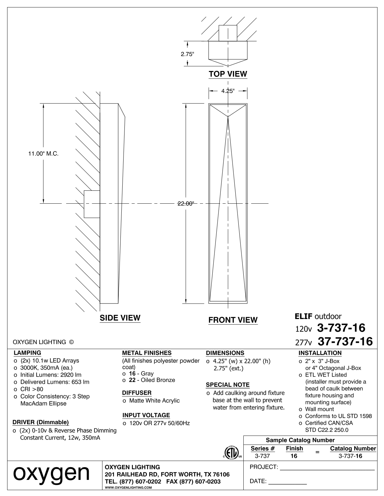 Oxygen Lighting OXGN1271 Specifications - ManualMachine.com