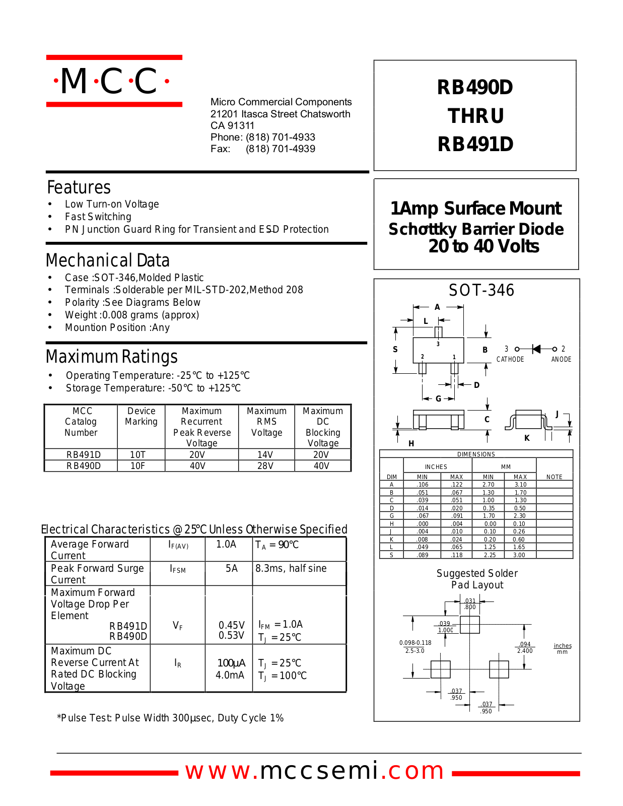 MCC RB490D, RB491D Datasheet