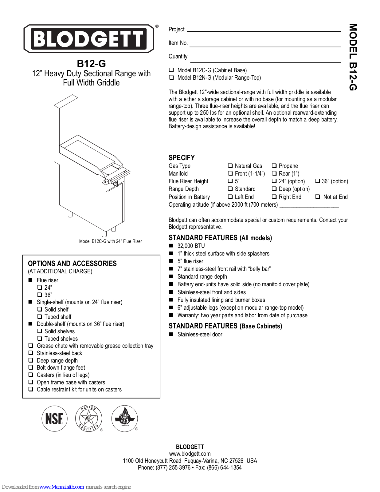 Blodgett B12N-G, B12-G Specifications