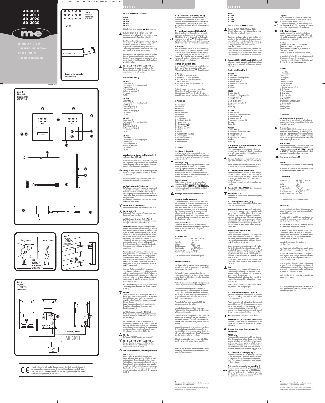 m-e modern-electronics AD-3010, AD-3011, AD-3020, AD-3030 Operating Instructions