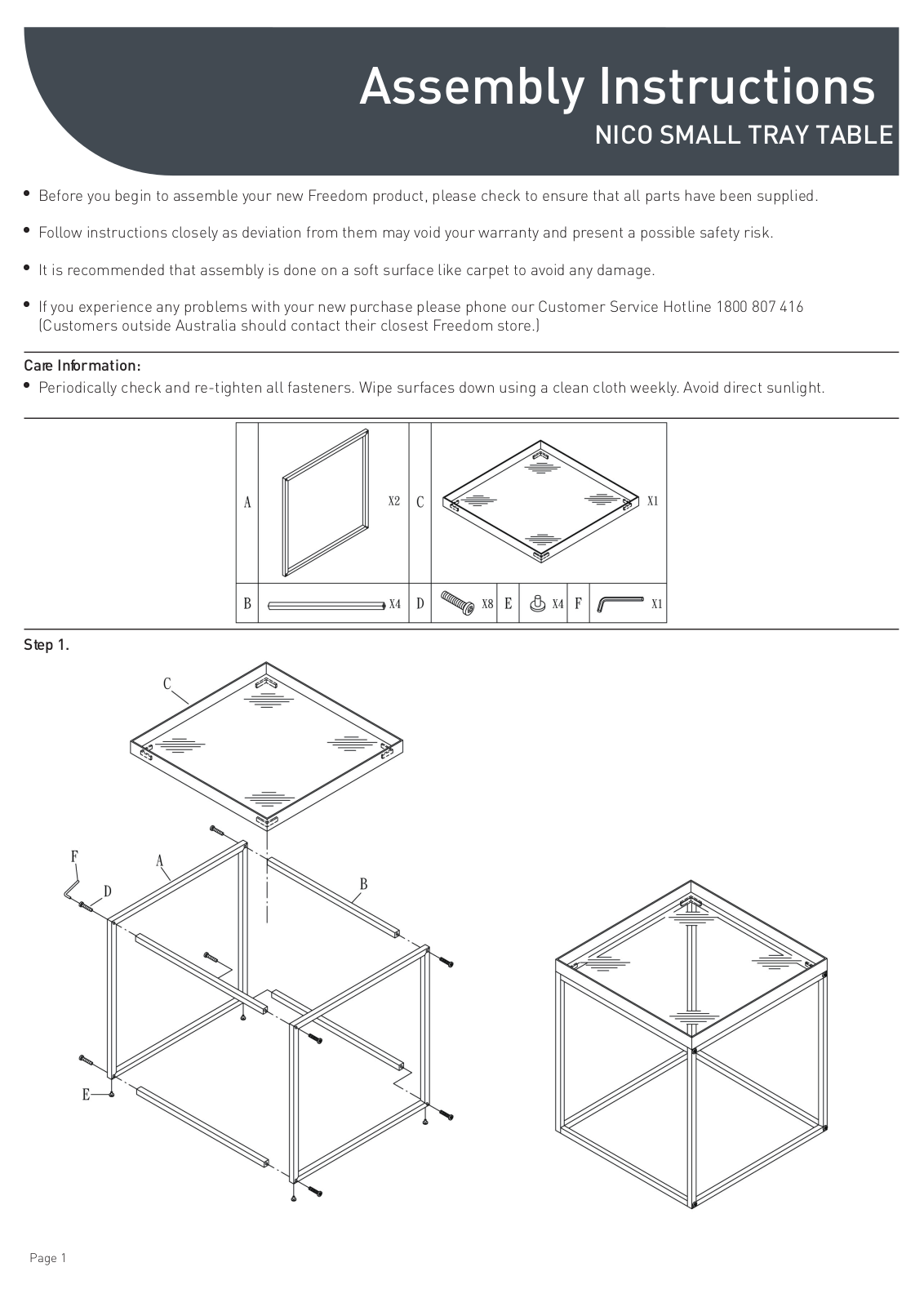 Freedom Nico Small Tray Table Assembly Instruction