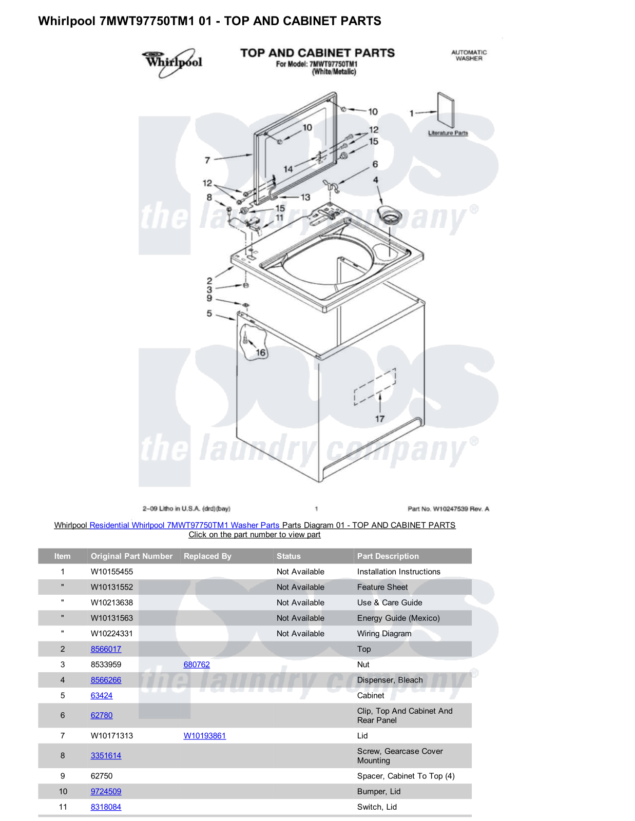 Whirlpool 7MWT97750TM1 Parts Diagram