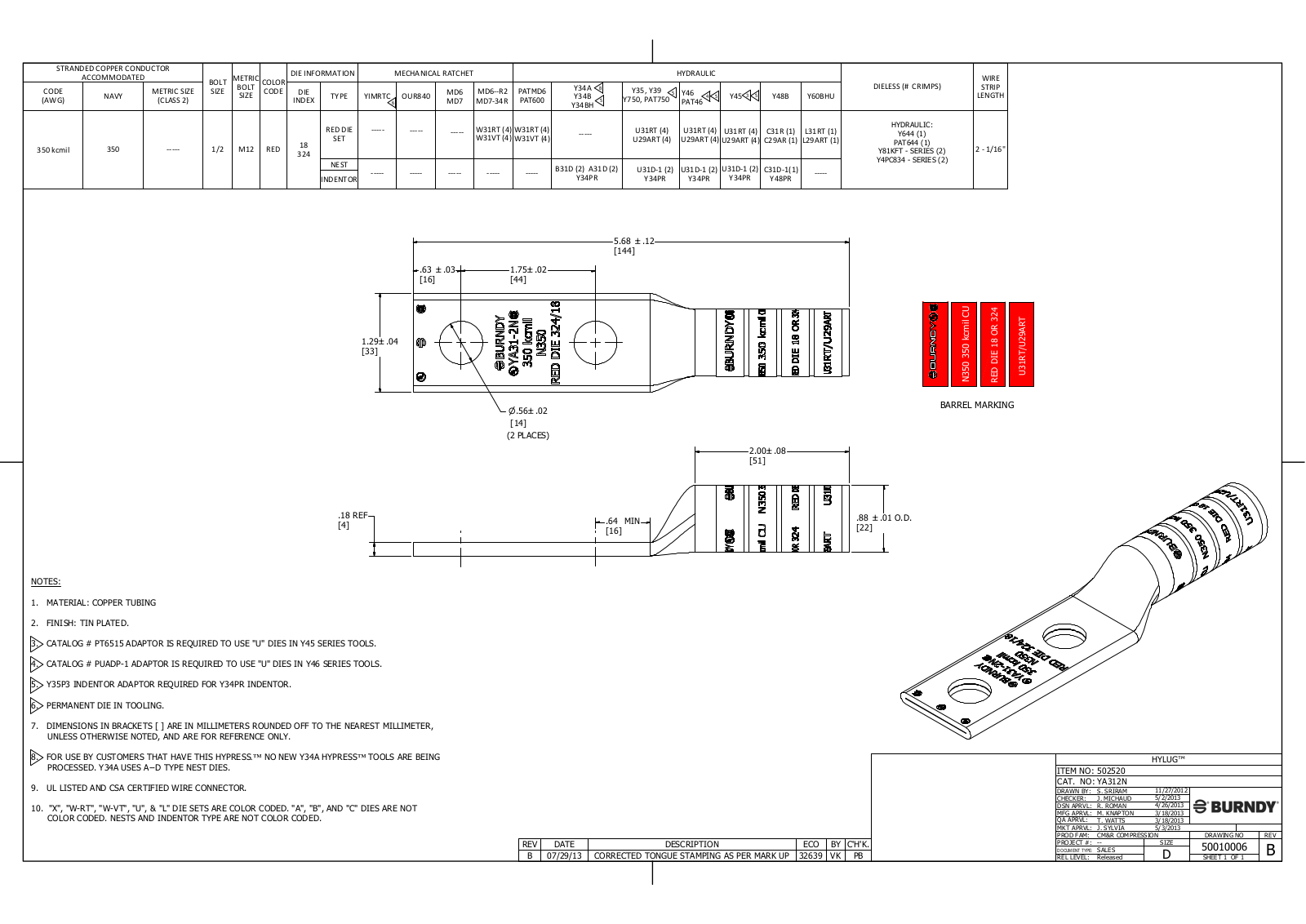 Burndy YA312N Data Sheet