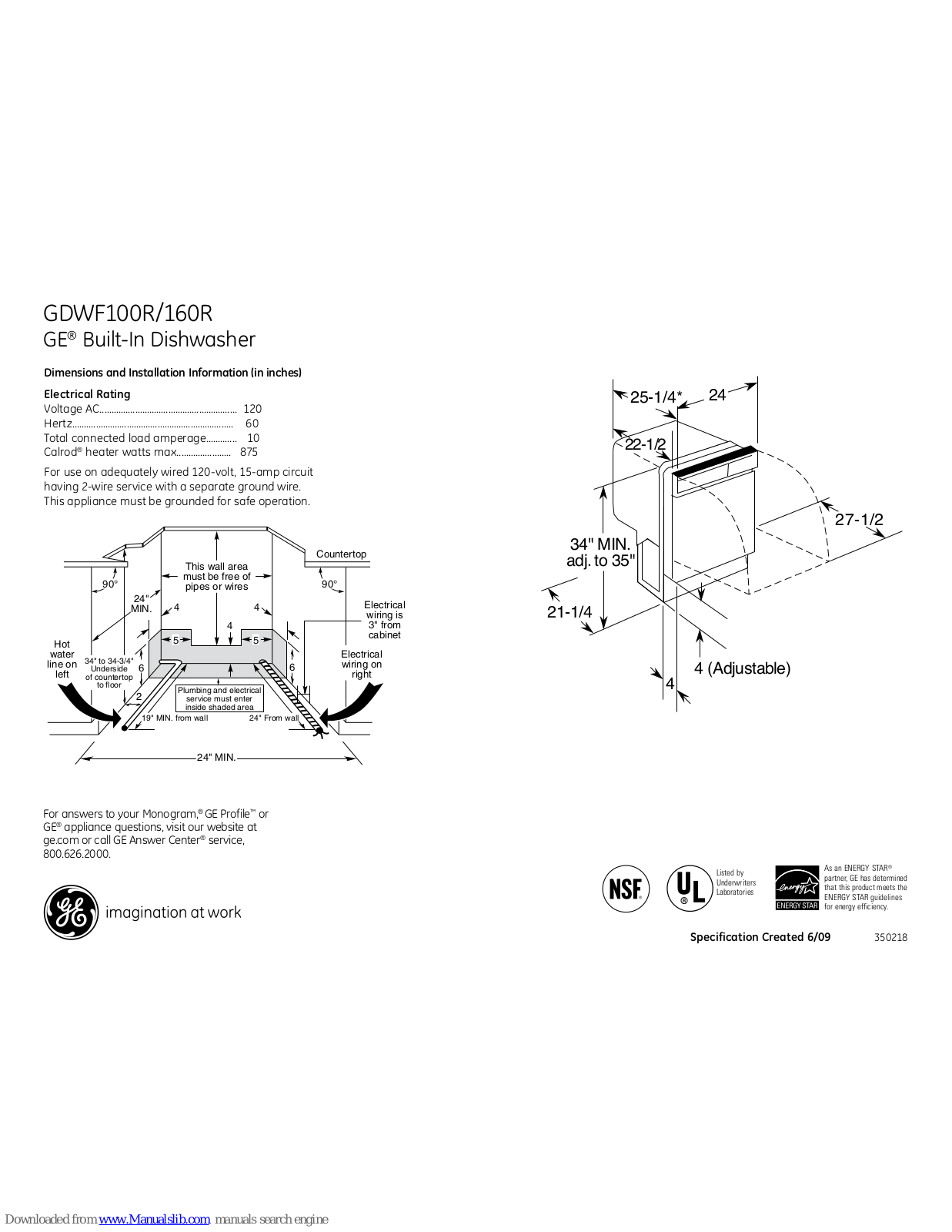 GE GDWF160R, GDWF100RWW, GDWF100RBB Dimensions And Installation Information