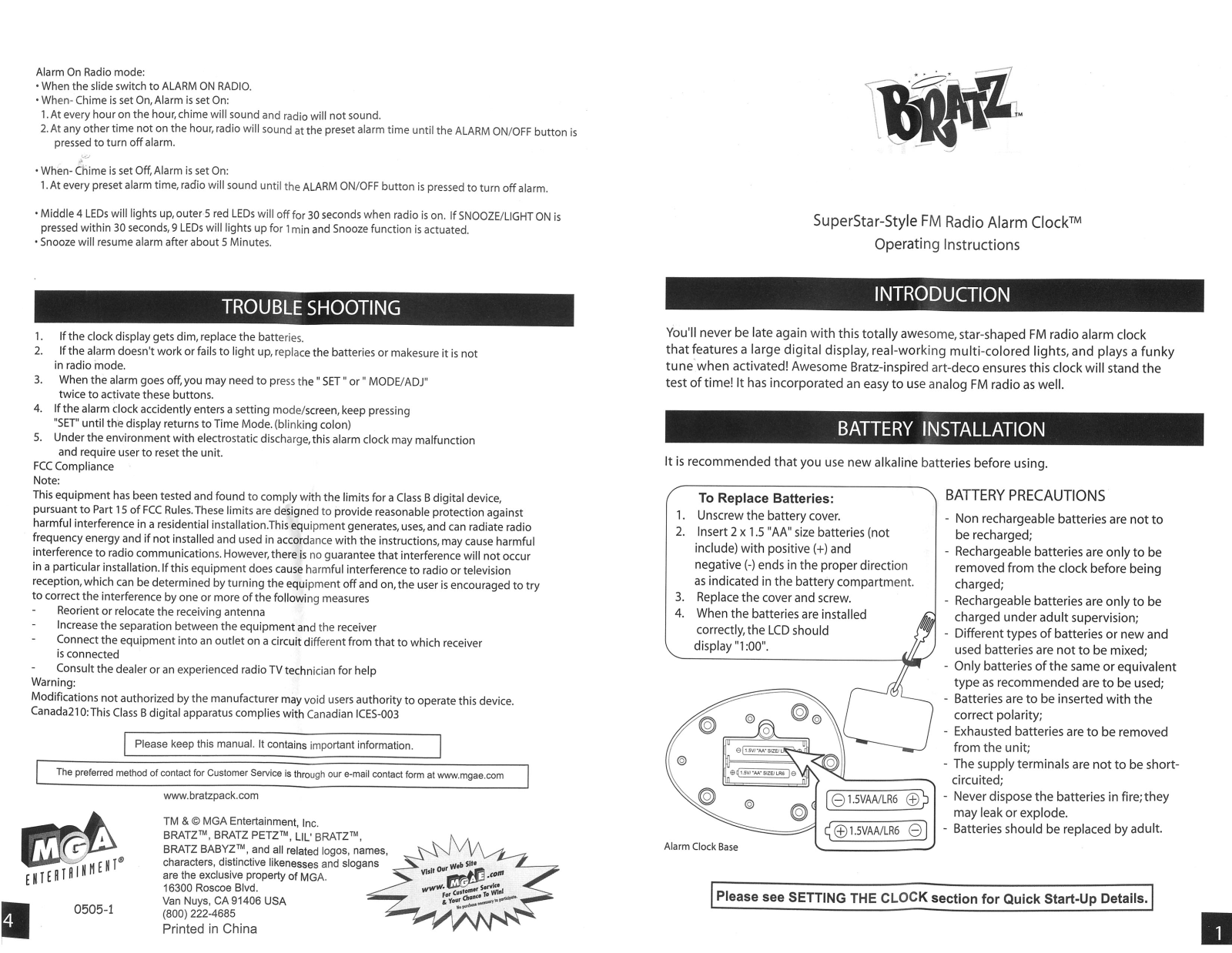 Mga Entertainment BRATZ SUPERSTAR-STYLE FM RADIO ALARM CLOCK 1 4 User Manual