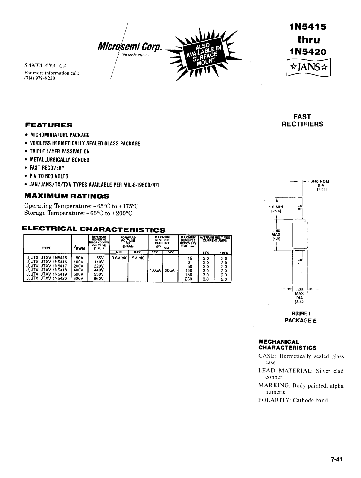 Microsemi Corporation 1N5420, 1N5419, 1N5418, 1N5417, 1N5416 Datasheet