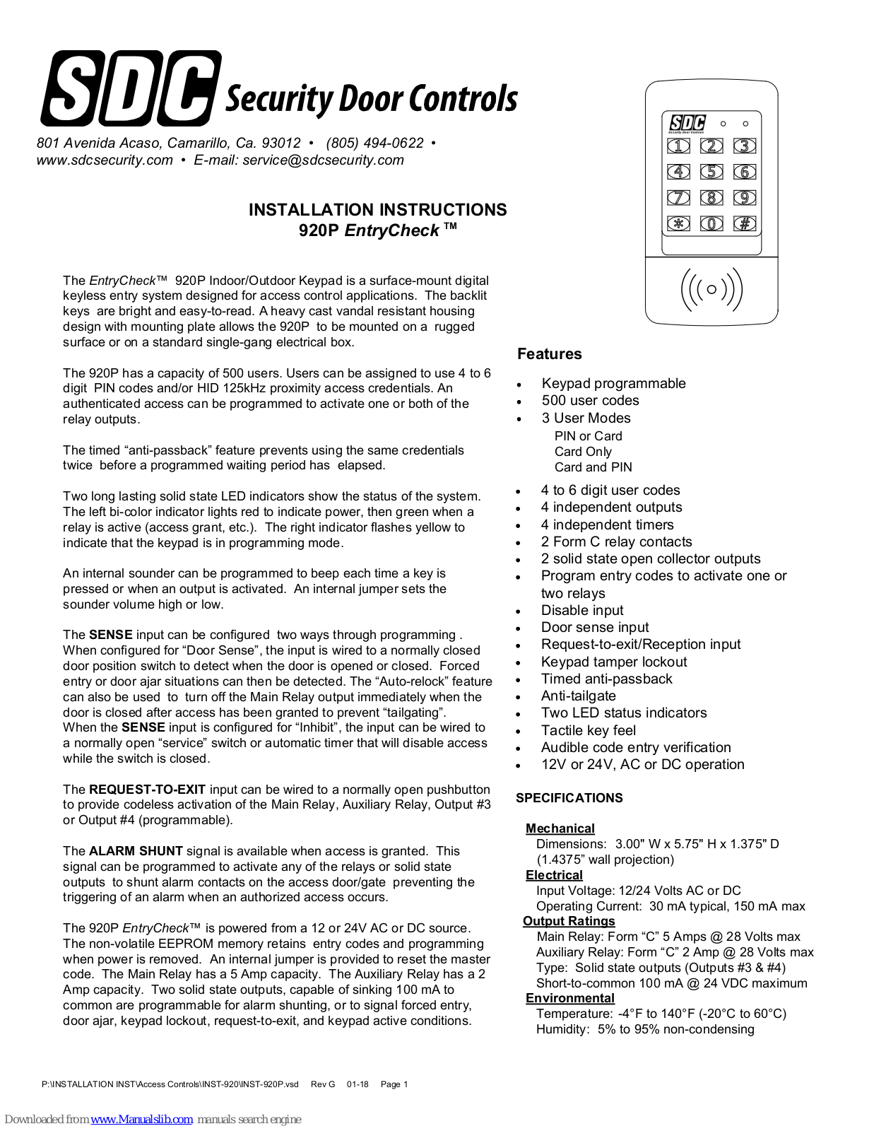 SDC 920P EntryCheck Installation Instructions Manual - ManualMachine.com
