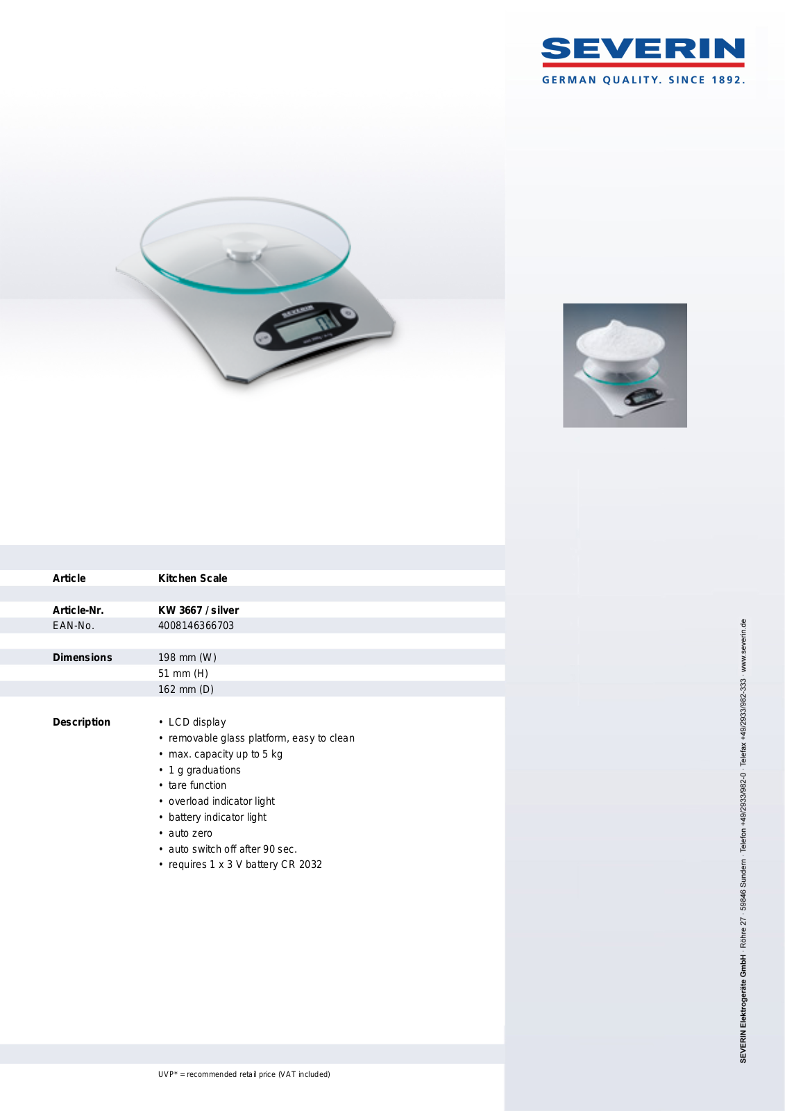 Severin KW 3667, KITCHEN SCALE User Manual