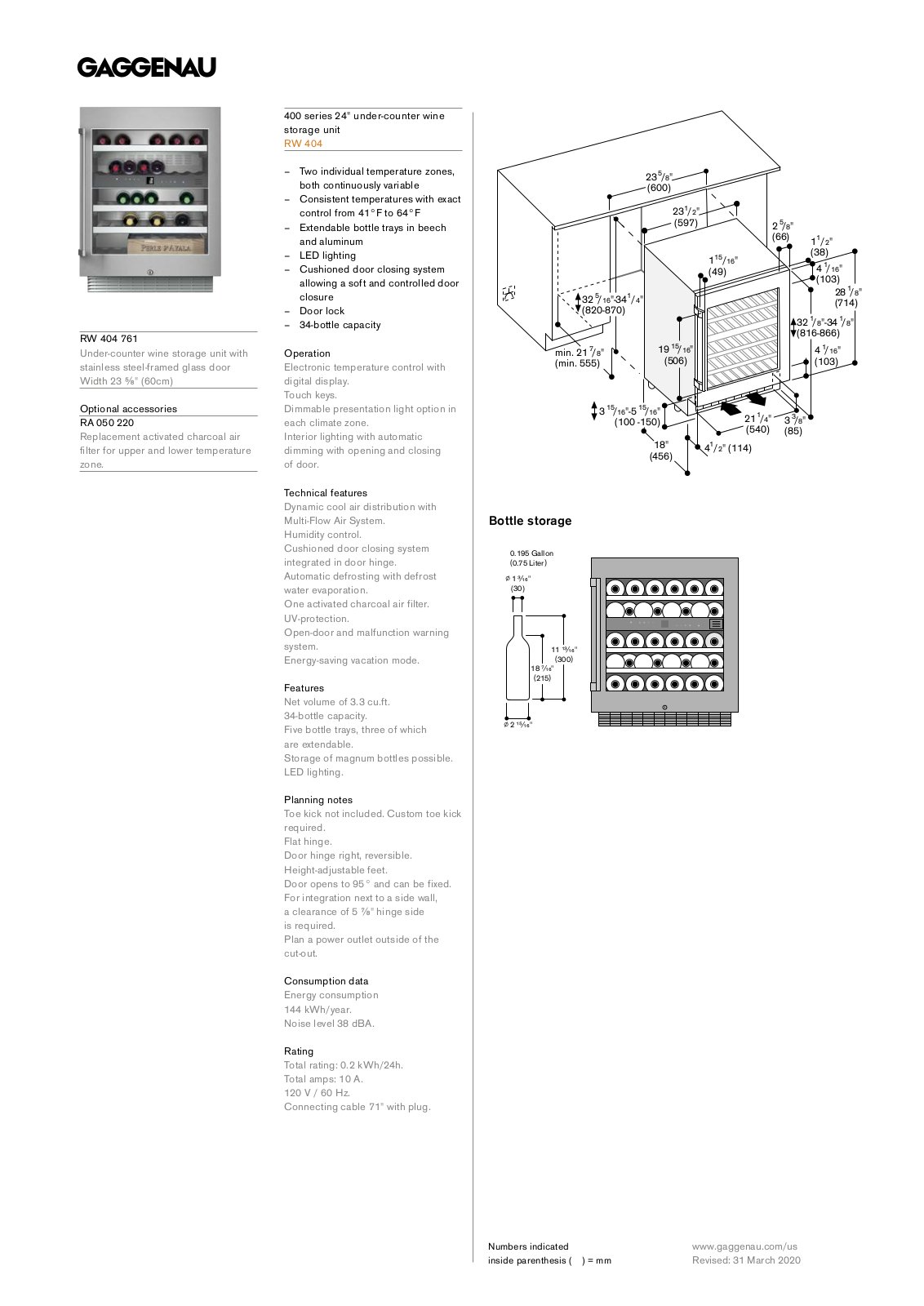 Gaggenau RW404761 Specs