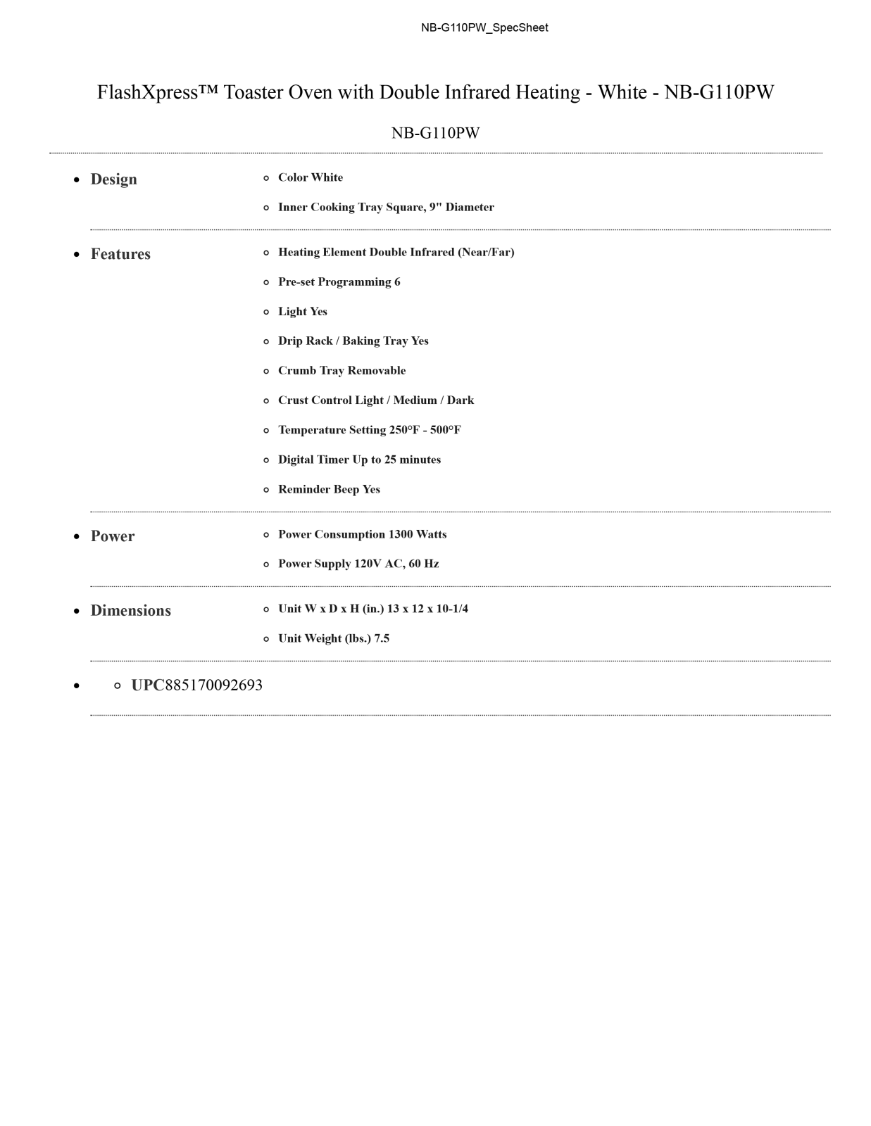 Panasonic NBG110PW Specifications