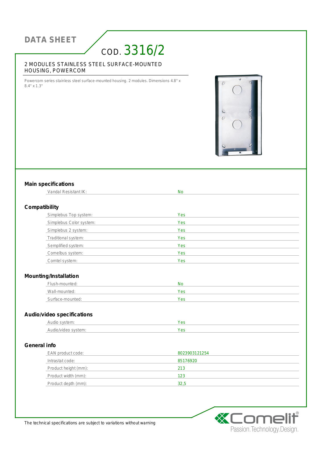 Comelit 3316-2 Specsheet - ManualMachine.com