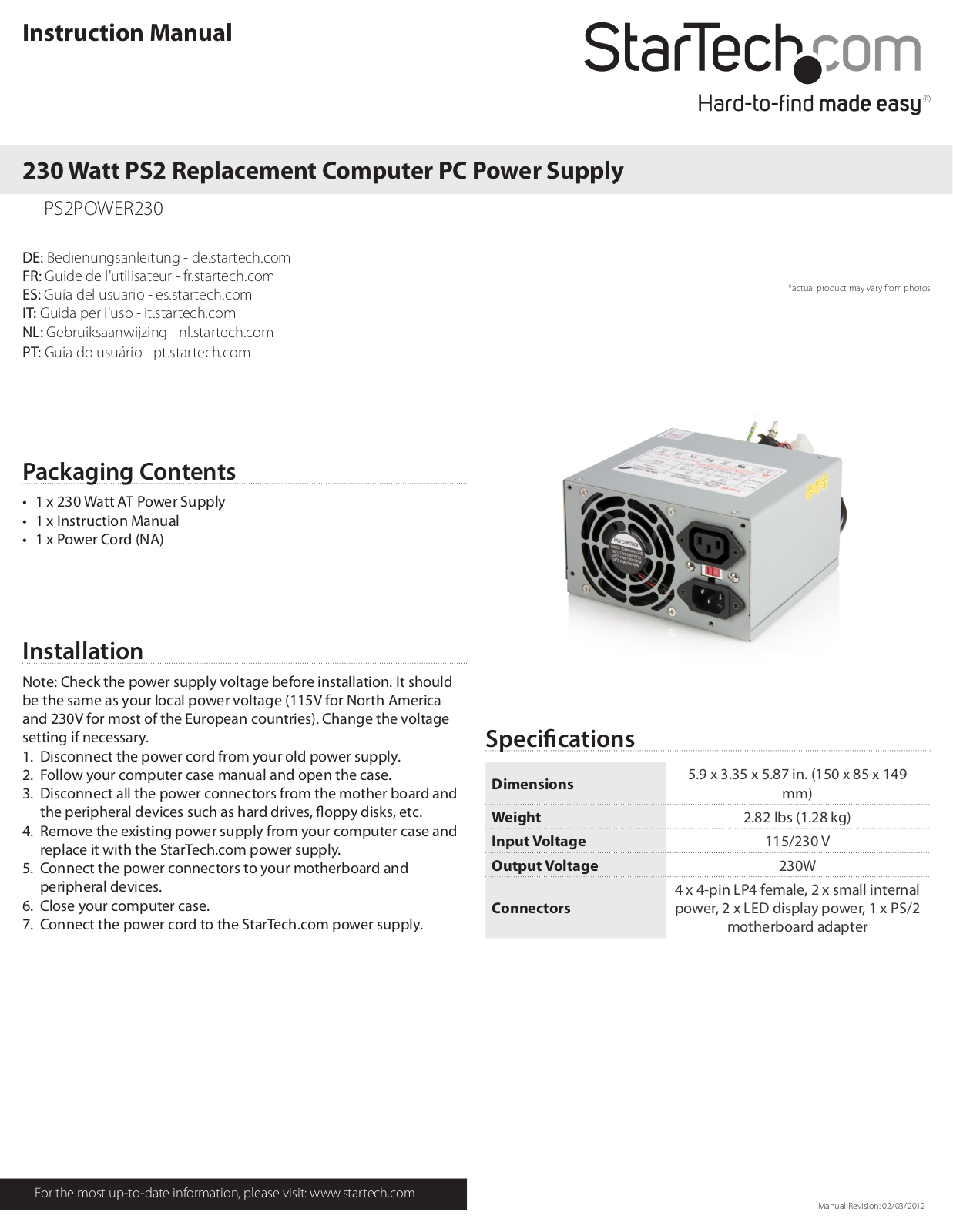 StarTech.com PS2POWER230 User Manual