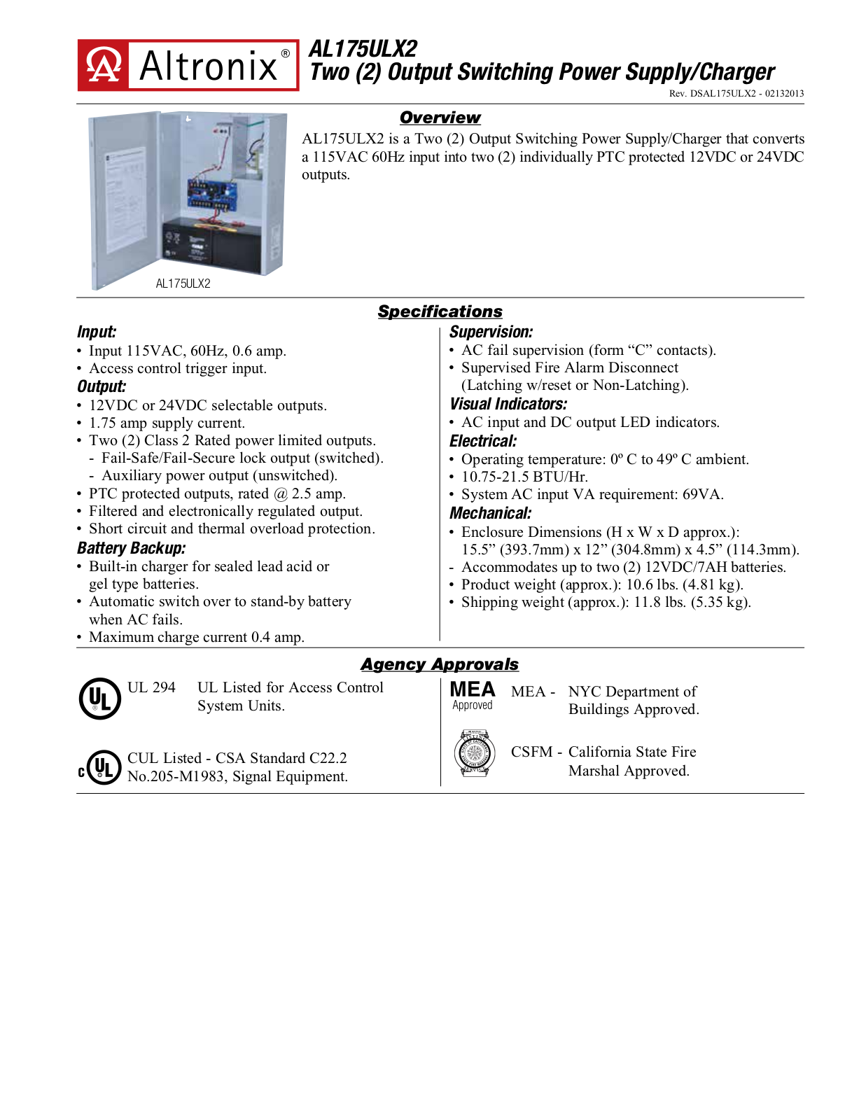 Altronix AL175ULX2 Specsheet