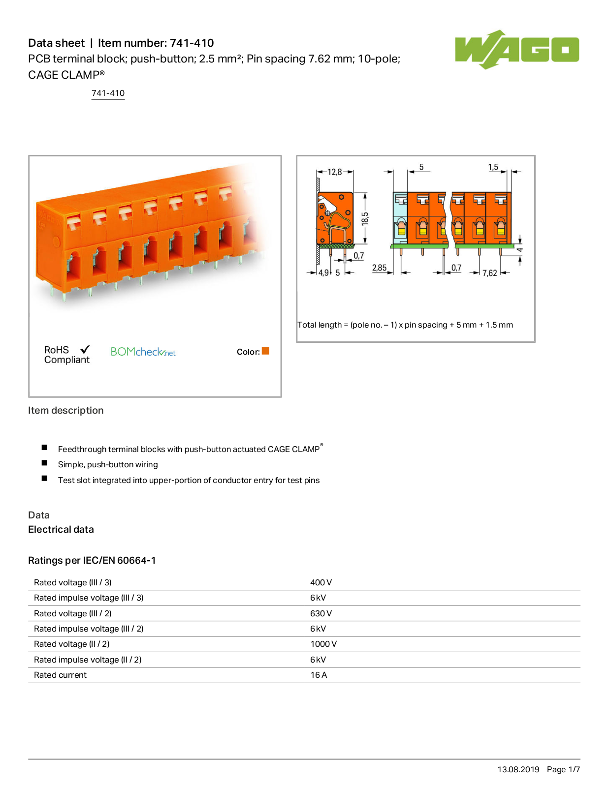 Wago 741-410 Data Sheet