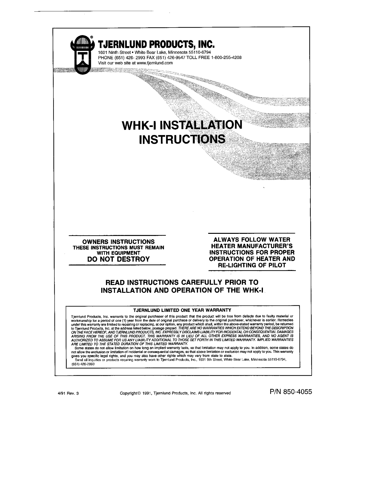 Tjernlund WHKI User Manual