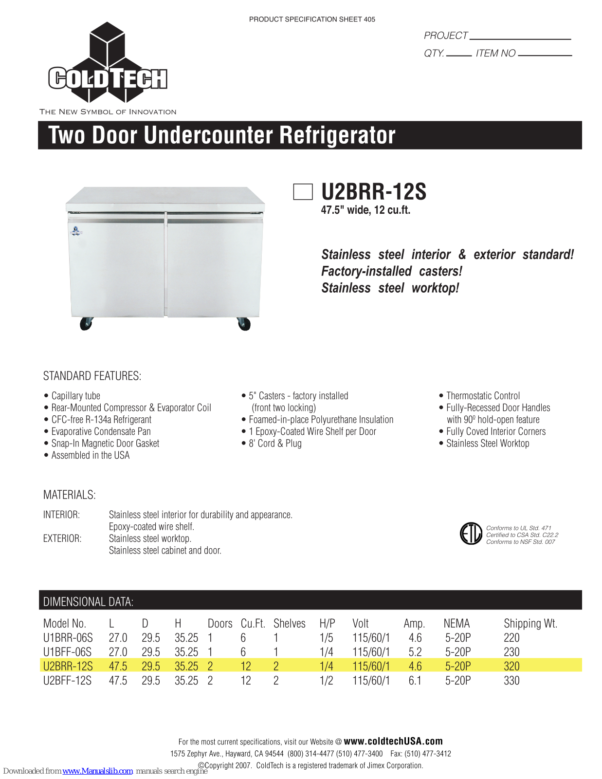 ColdTech U2BRR12S Specifications - ManualMachine.com