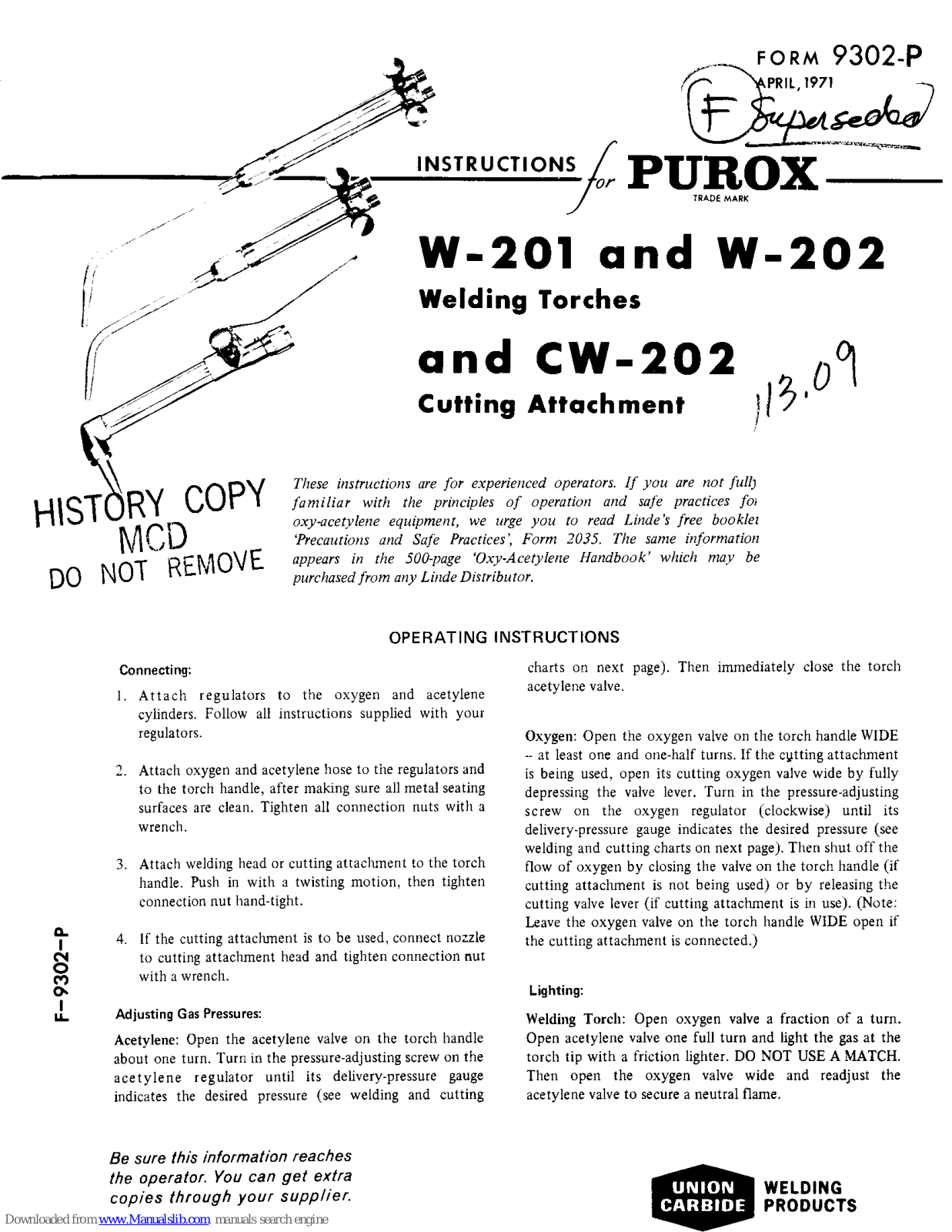 PUROX w-201, w-202, cw-202 Instructions Manual