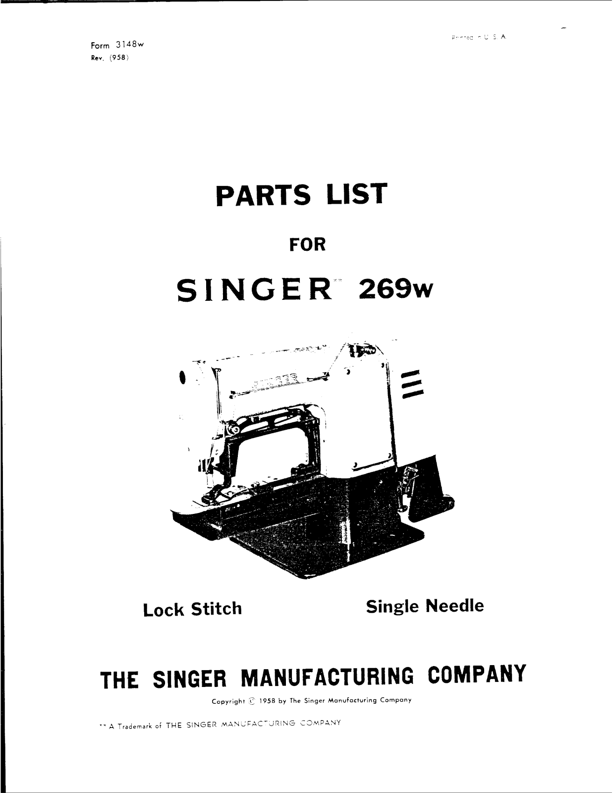 SINGER 269W Parts List