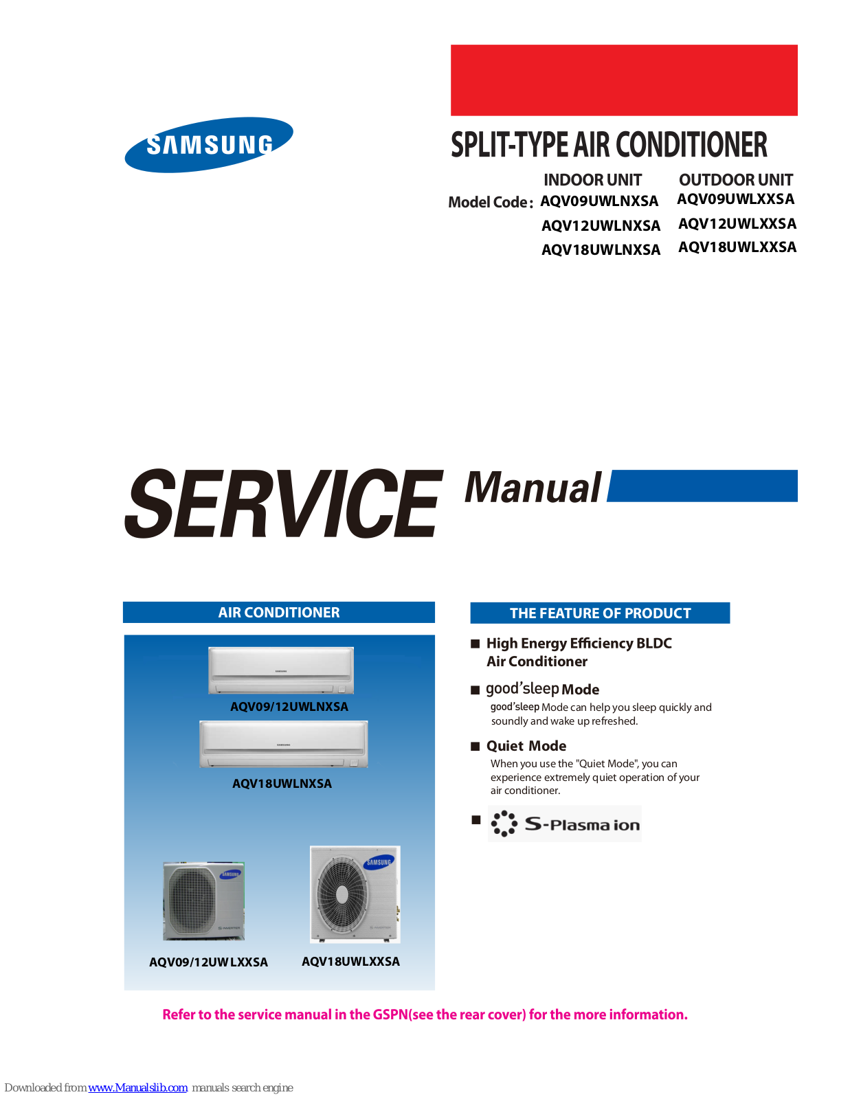 Samsung AQV09UWLNXSA, AQV12UWLXXSA, AQV12UWLNXSA, AQV18UWLXXSA, AQV18UWLNXSA Service Manual