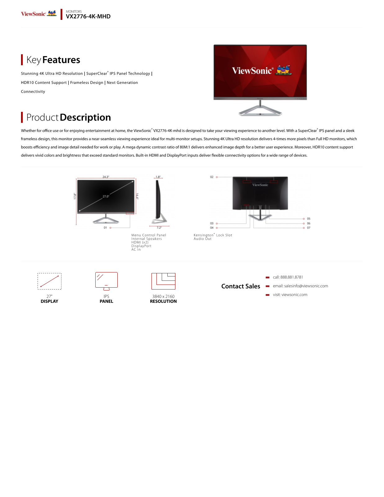 Viewsonic VX2776-4K-MHD Product Data Sheet