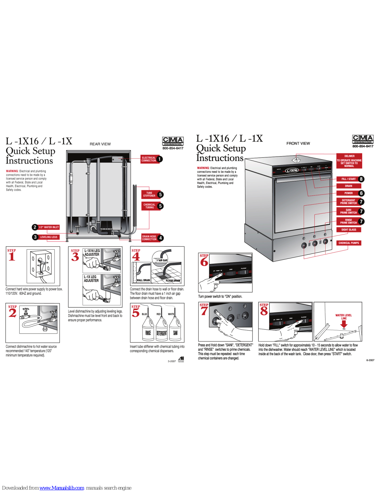 CMA Dishmachines CMA-L-1X, CMA-L-1X16, L-1X Quick Setup Instructions Manual