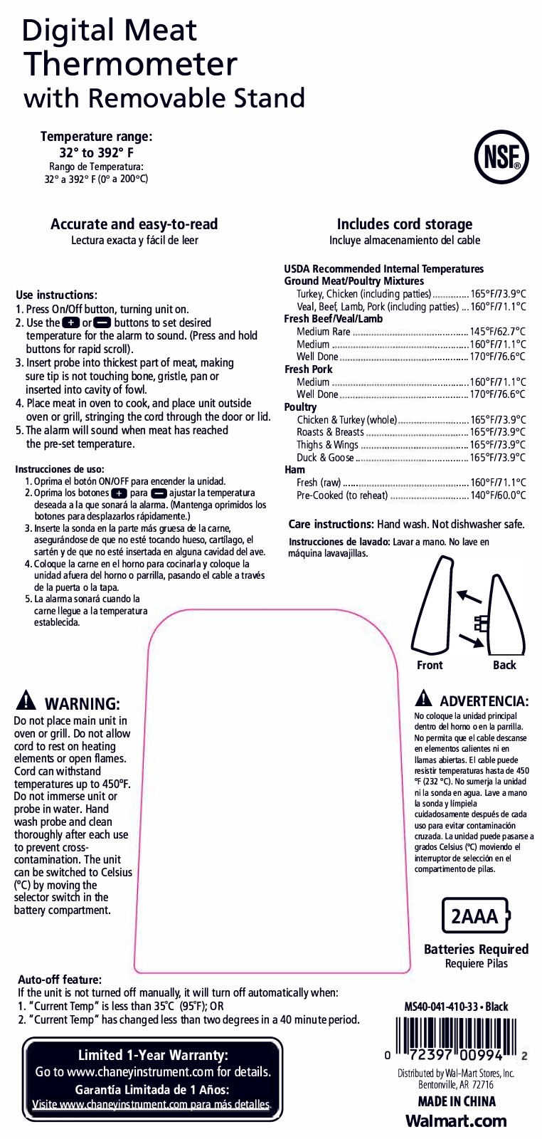 Wal-Mart Stores Digital Meat Thermometer User Manual