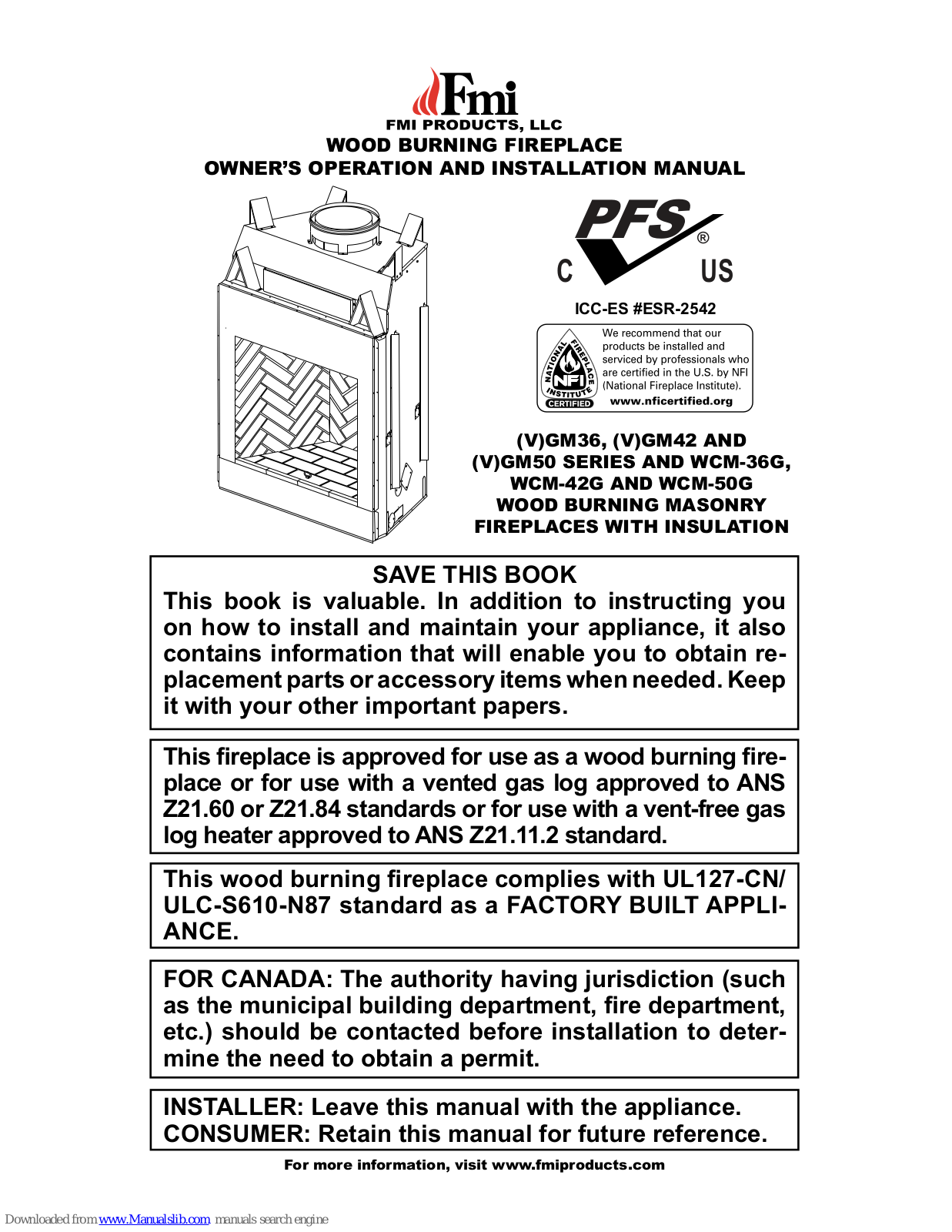 FMI WCM-50G, WCM-36G, WCM-36J, WCM-50J, WCM-42J Owner's Operation And Installation Manual