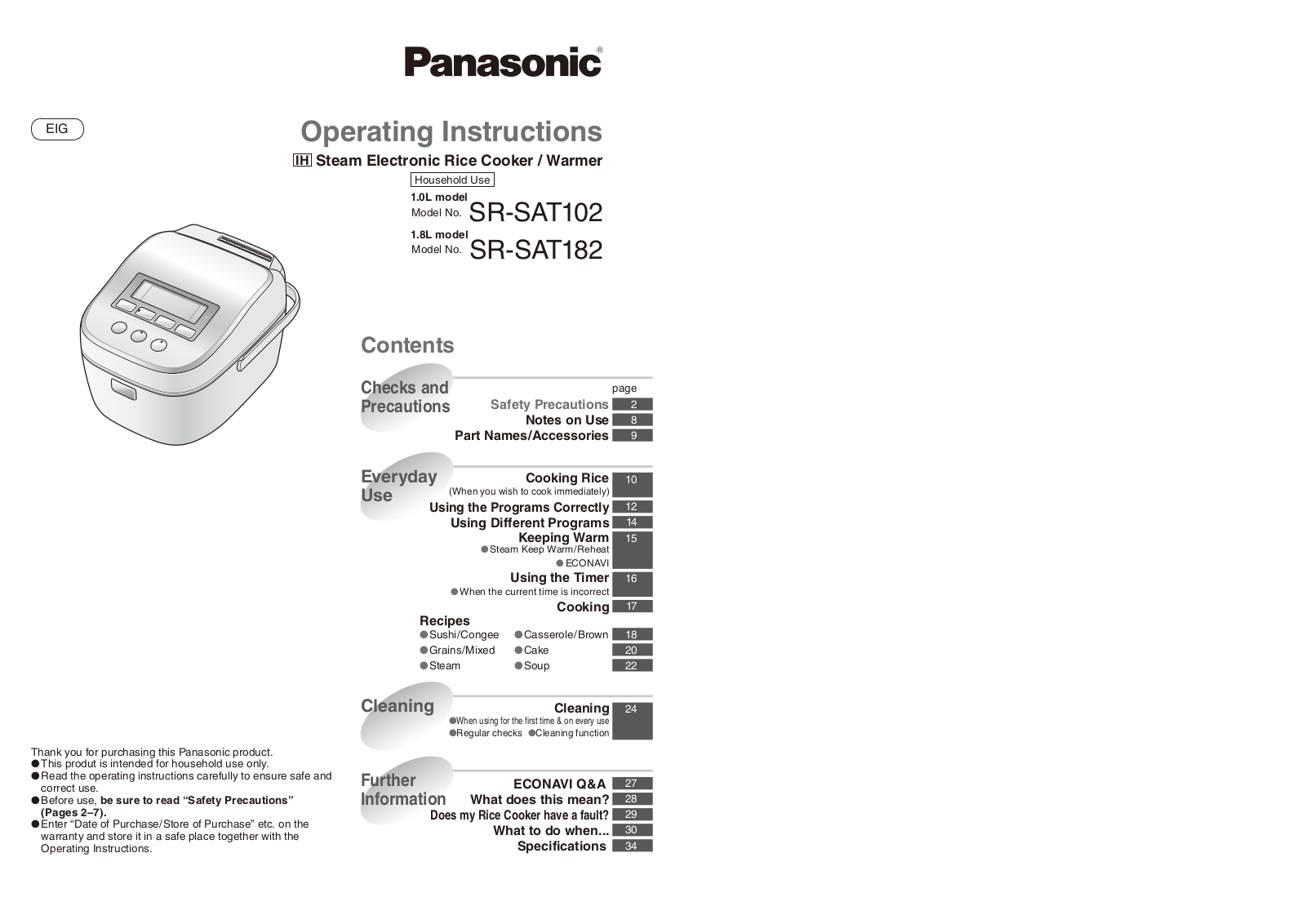 Panasonic SR-SAT182 Operating Instructions