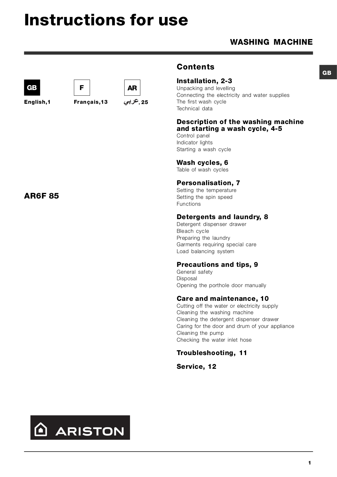 Hotpoint AR6F 85 User Manual