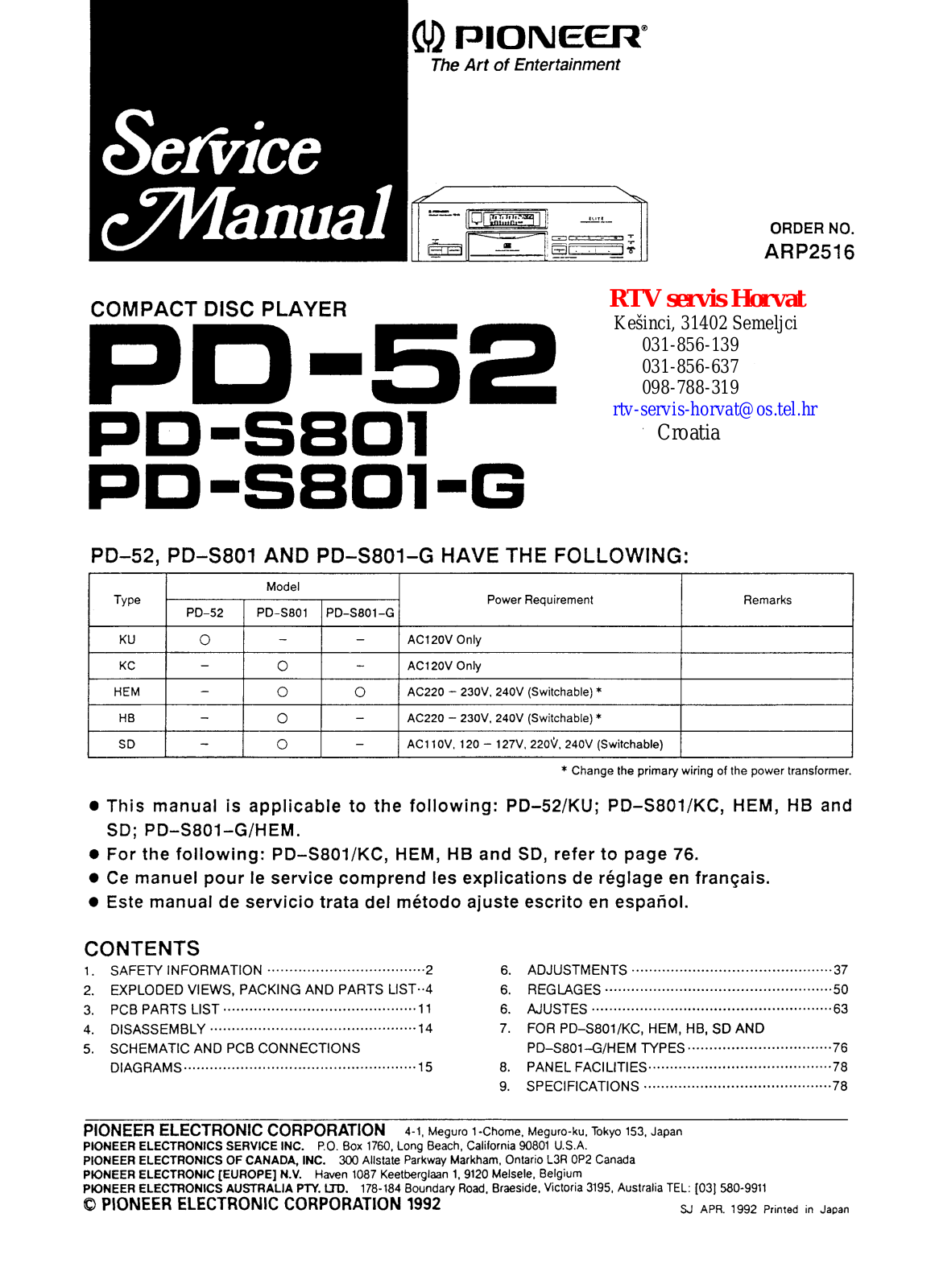 PIONEER PD52 Service Manual