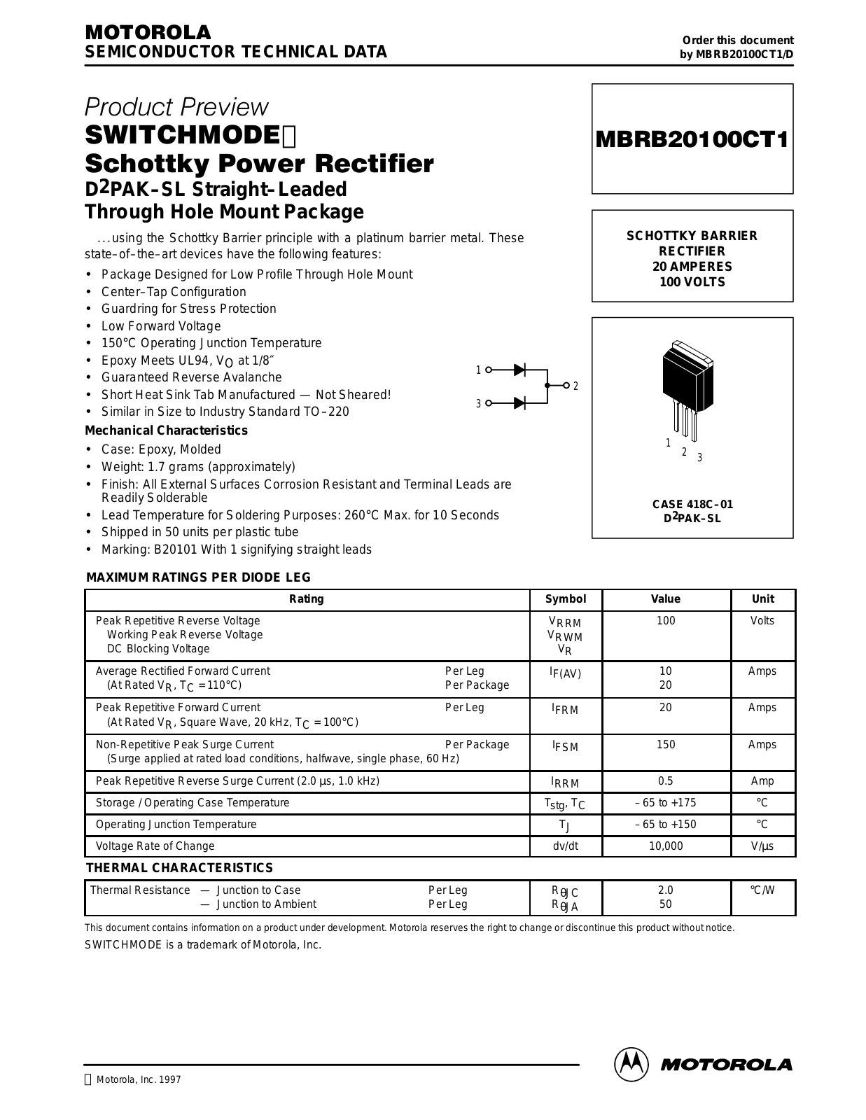 Motorola MBRB20100CT1 Datasheet