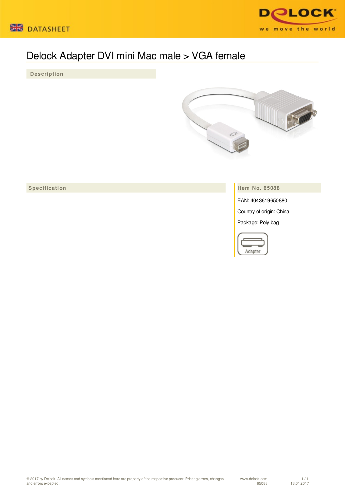 DeLOCK Mini-DVI [Stecker] auf VGA [Buchse] Adapter User Manual