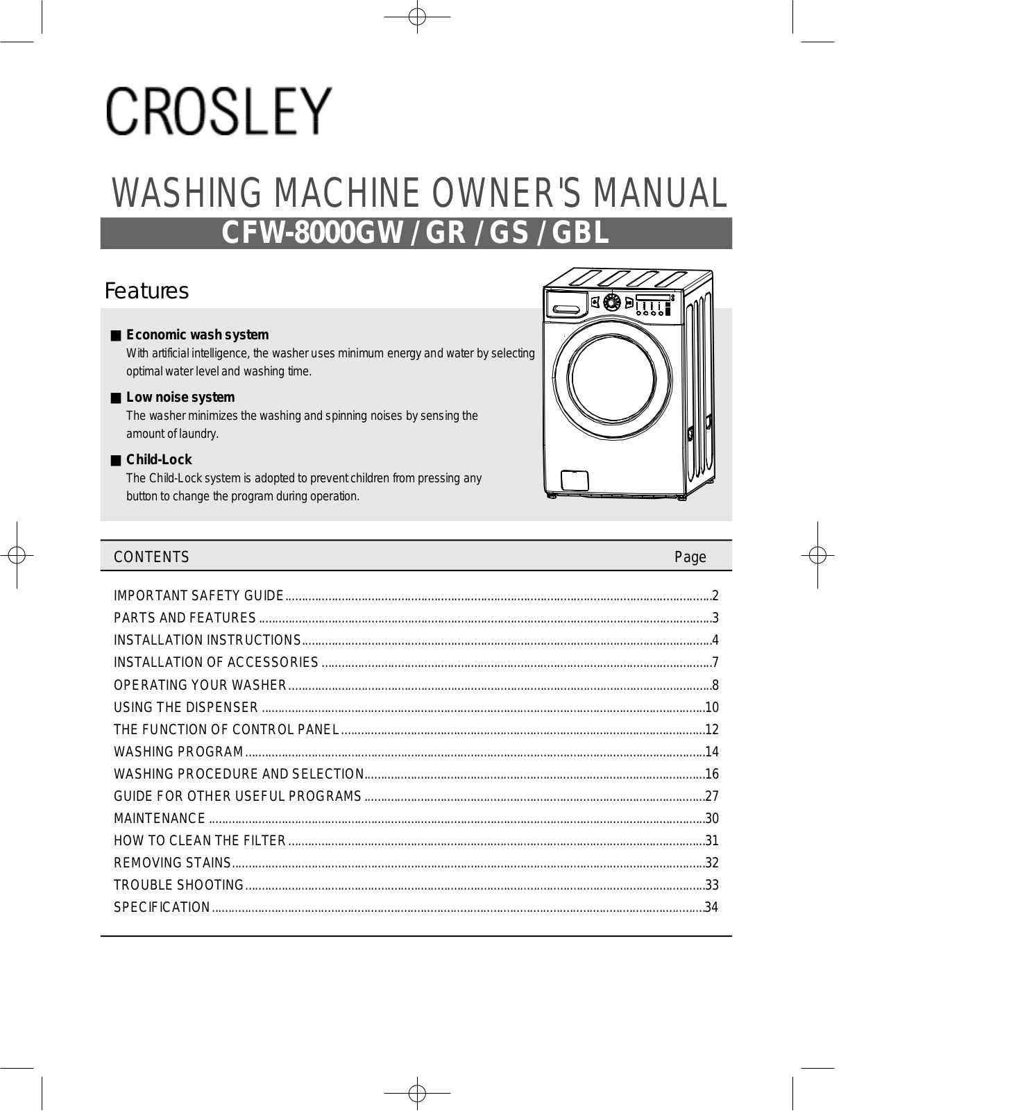 Crosley CFW-8000GR, CFW-8000GBL, CFW-8000GW, CFW-8000GS User Manual