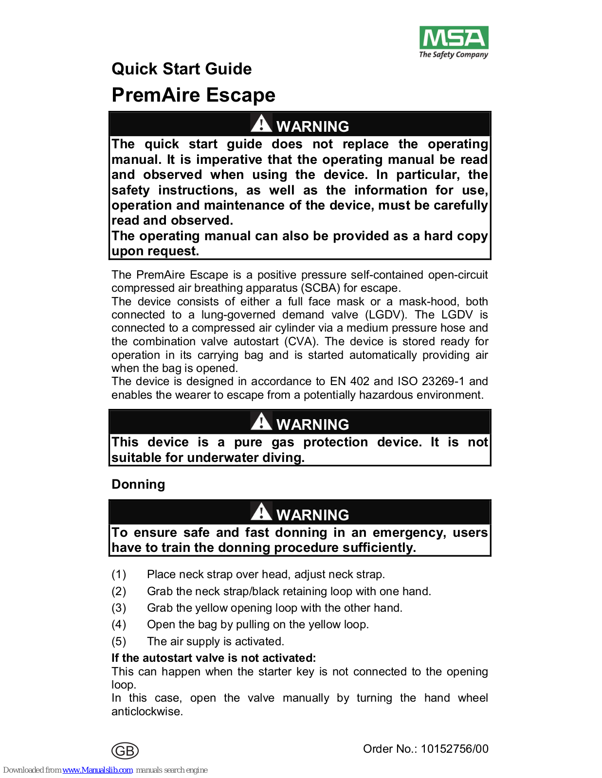 MSA PremAire Escape Quick Start Manual - ManualMachine.com