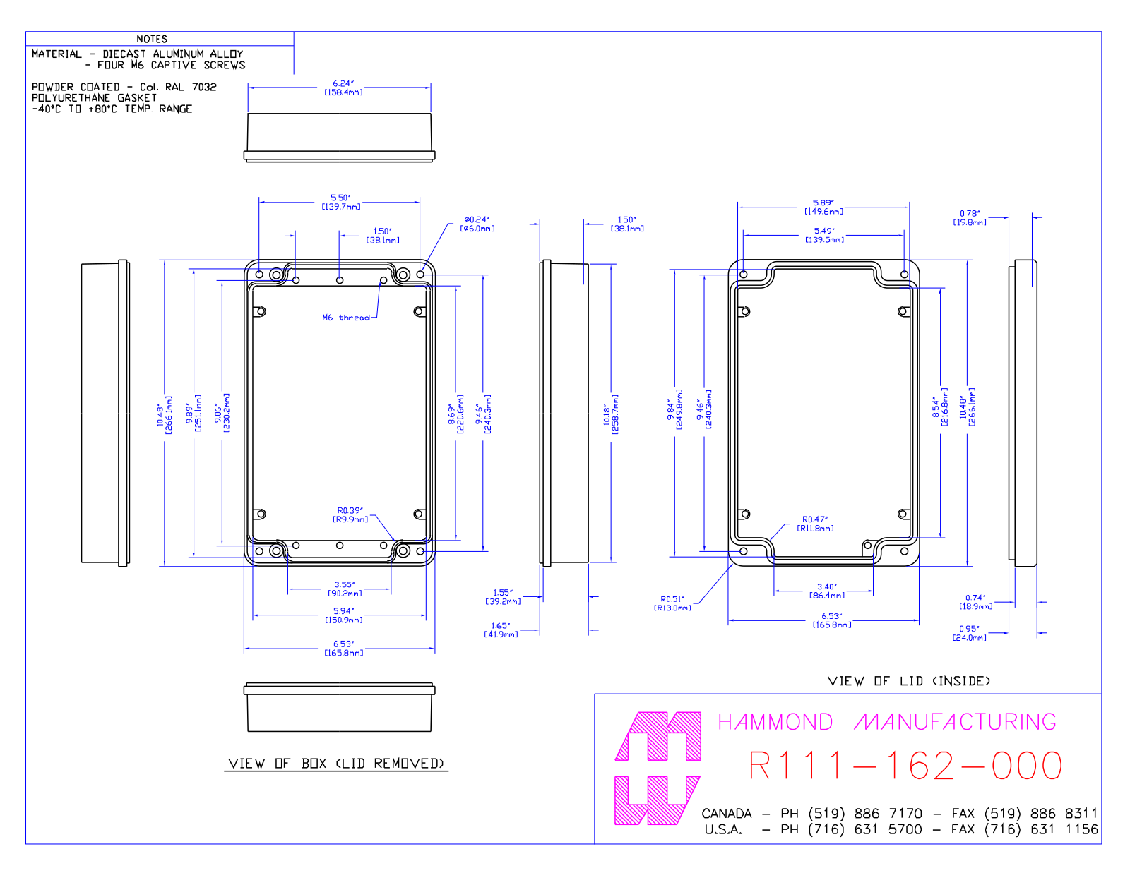 Hammond Manufacturing R111-162-000 technical drawings