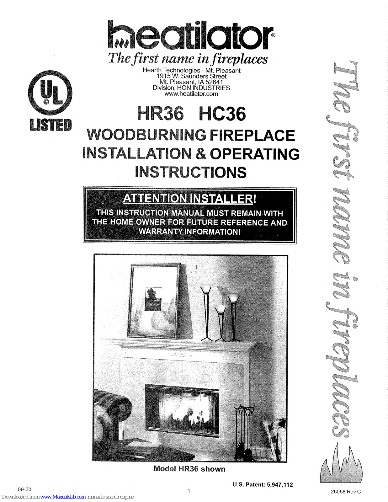 Heatilator HR36, HC36 Installation And Operating Instructions Manual