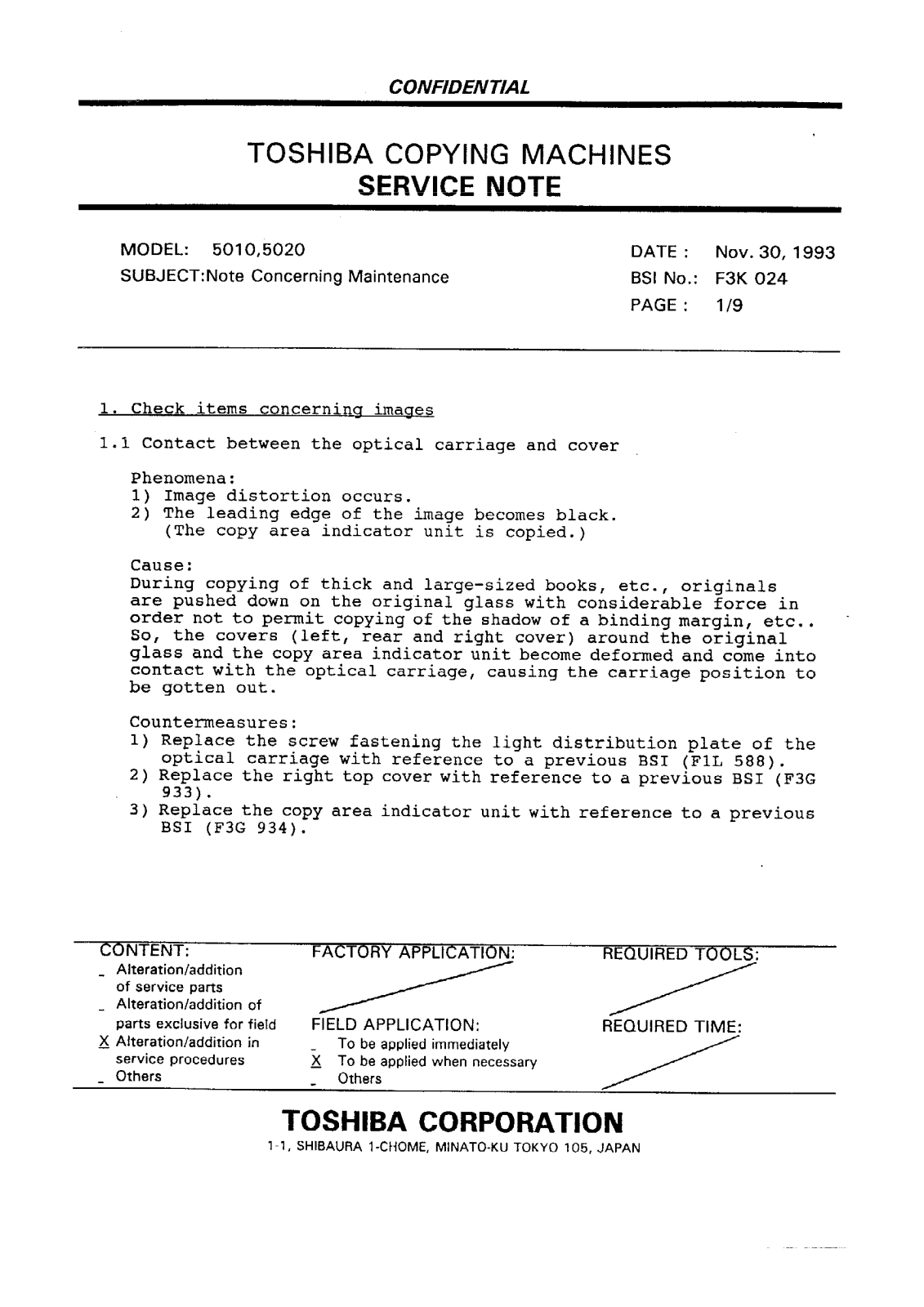 Toshiba f3k024 Service Note