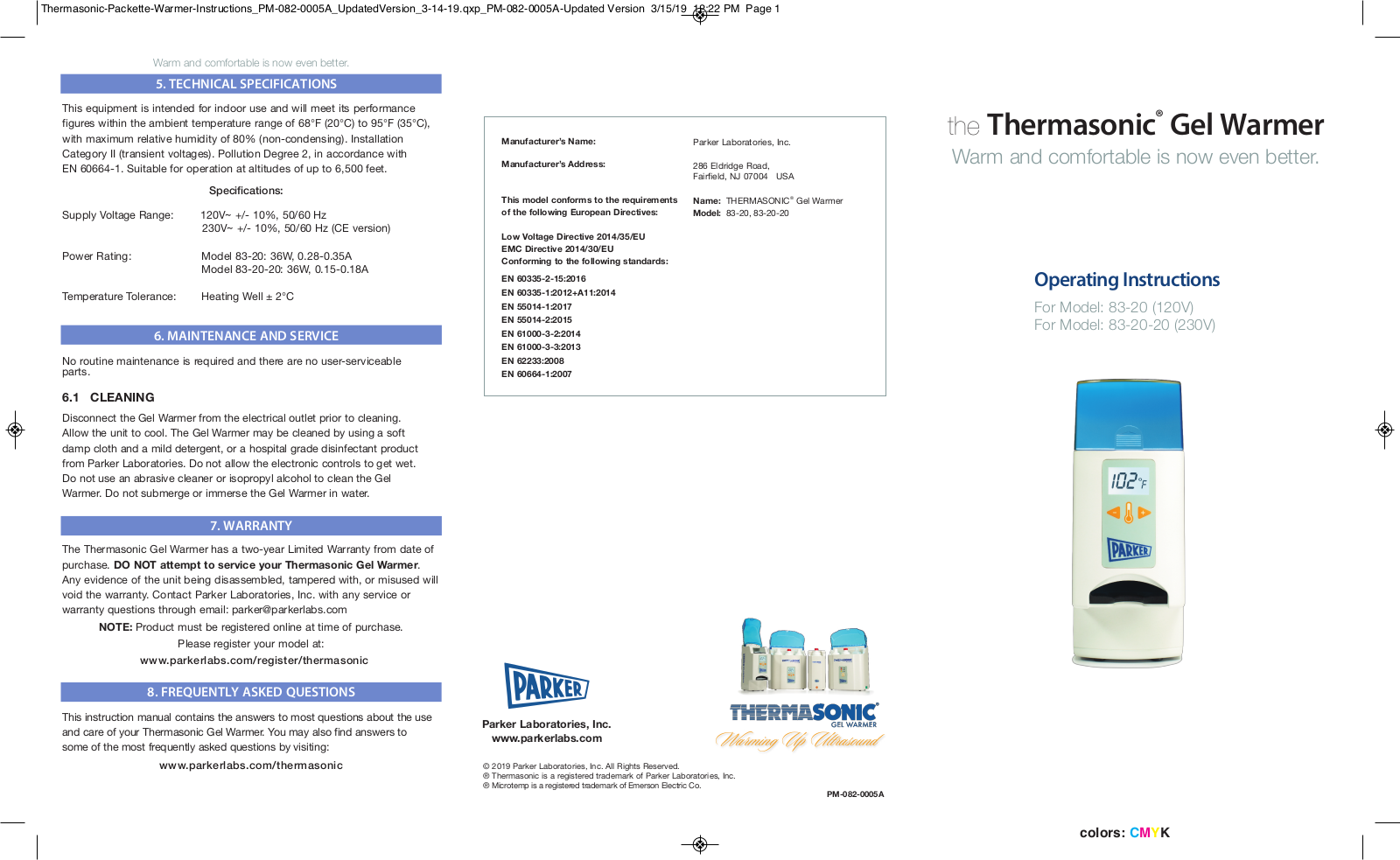 Parker Laboratories Thermasonic, Thermasonic 83-20, Thermasonic 83-20-20 Operating Instructions Manual